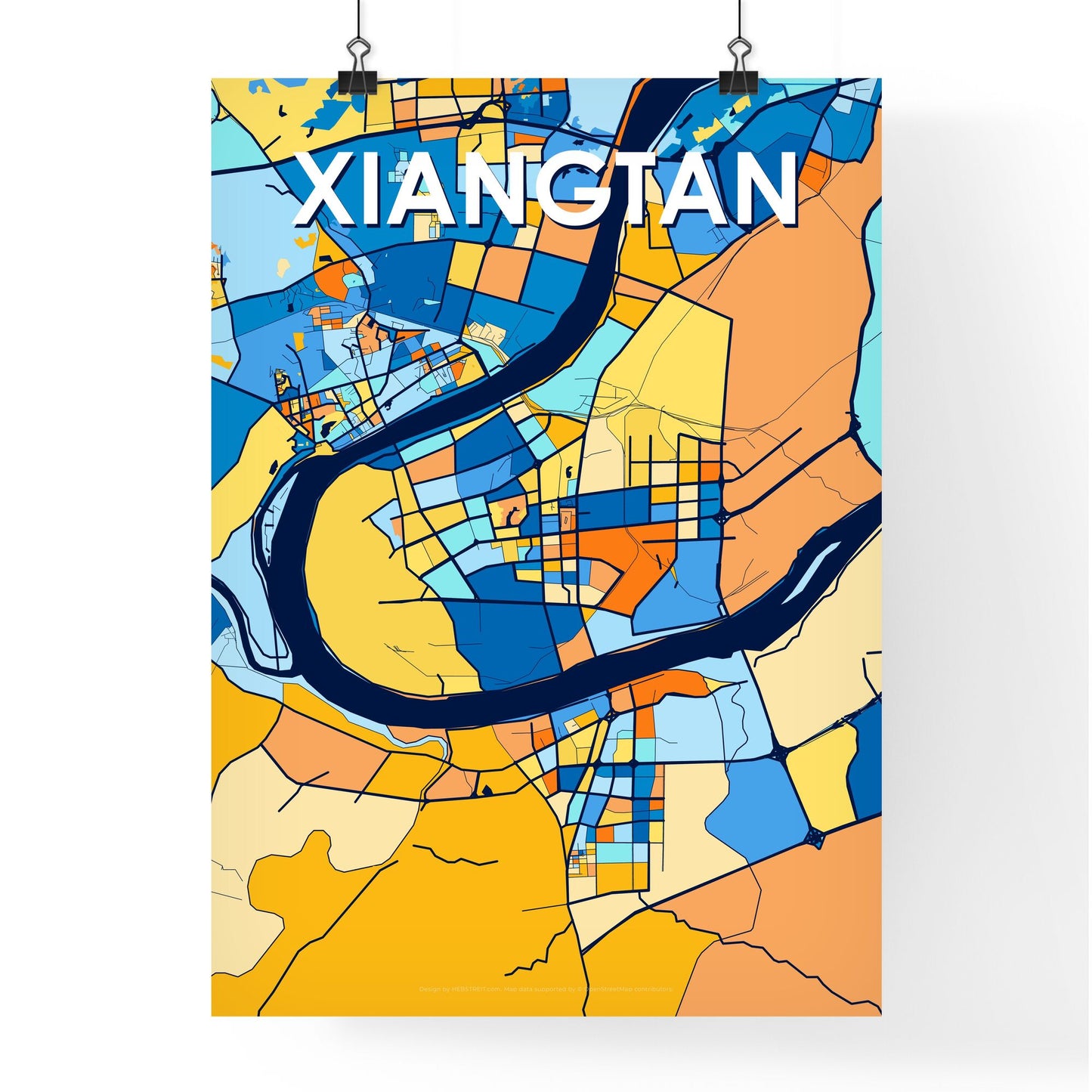 XIANGTAN CHINA Vibrant Colorful Art Map Poster Blue Orange