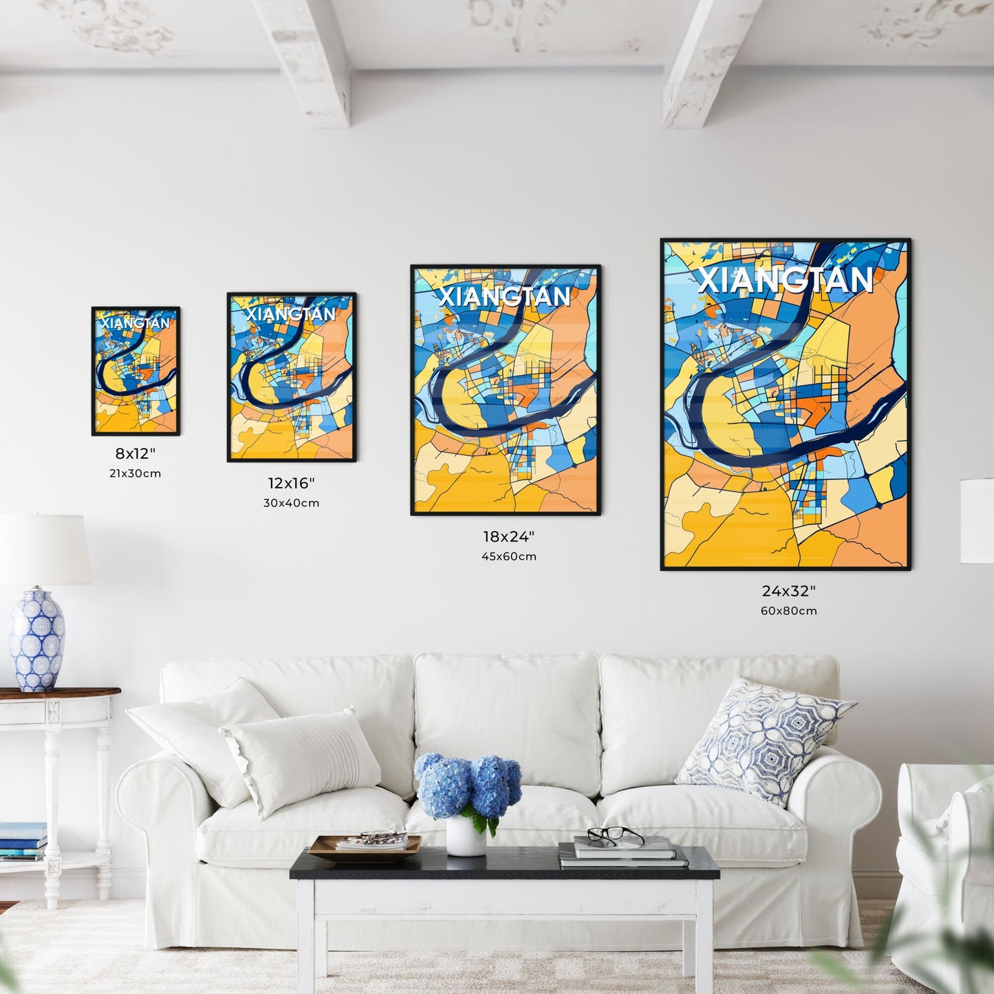 XIANGTAN CHINA Vibrant Colorful Art Map Poster Blue Orange