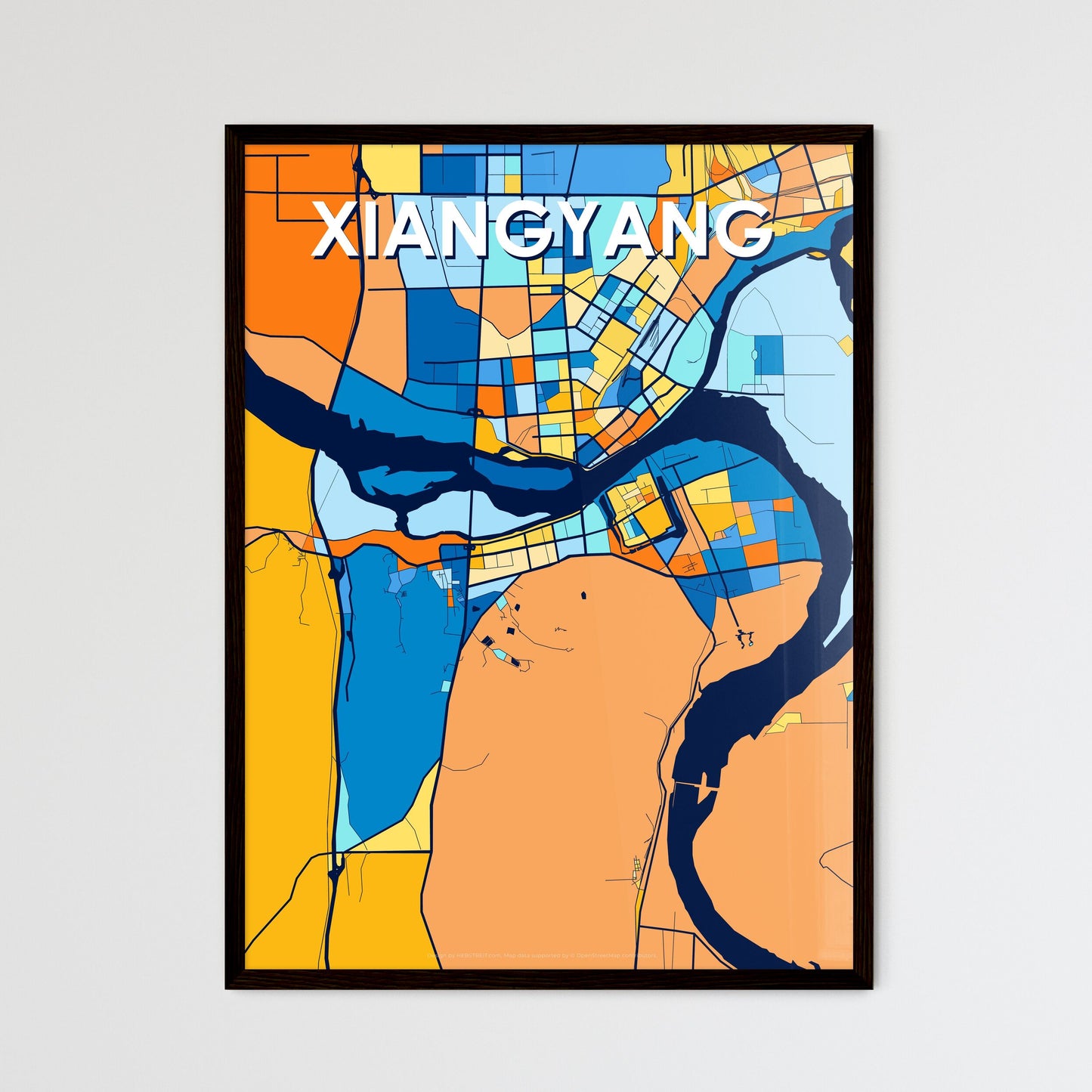 XIANGYANG CHINA Vibrant Colorful Art Map Poster Blue Orange