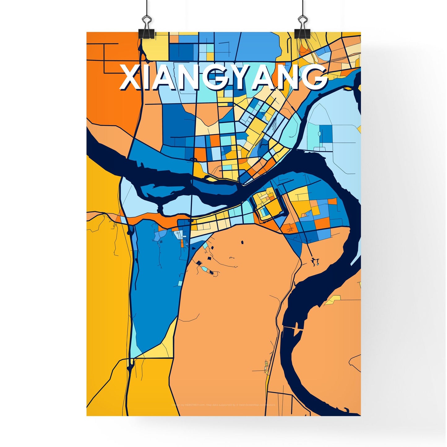 XIANGYANG CHINA Vibrant Colorful Art Map Poster Blue Orange