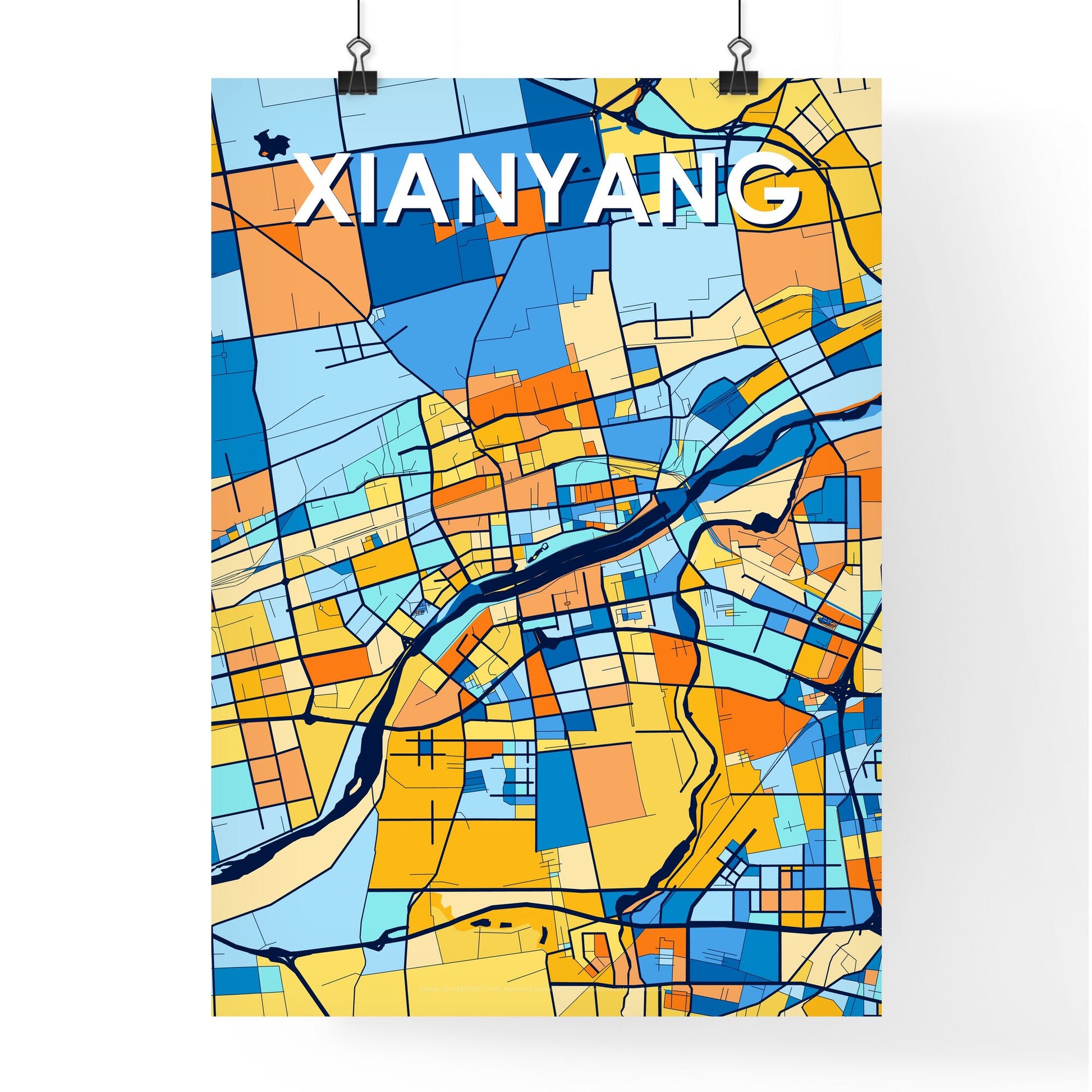 XIANYANG CHINA Vibrant Colorful Art Map Poster Blue Orange