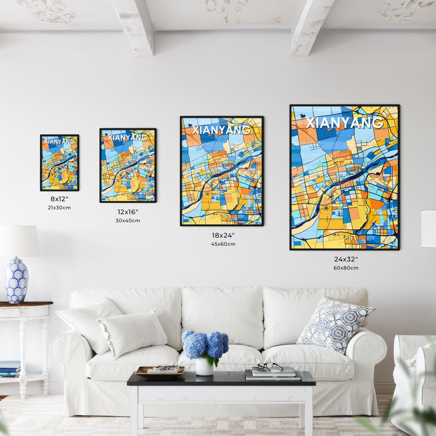 XIANYANG CHINA Vibrant Colorful Art Map Poster Blue Orange