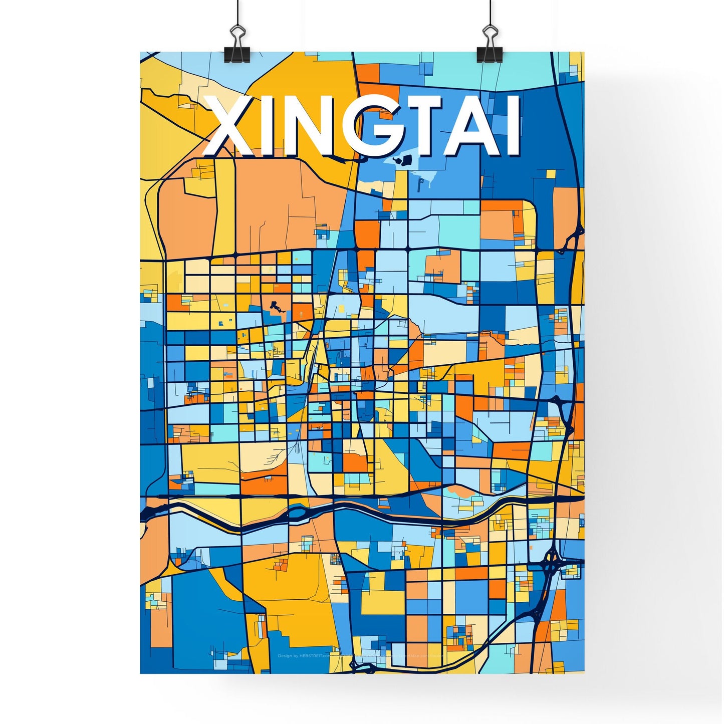 XINGTAI CHINA Vibrant Colorful Art Map Poster Blue Orange