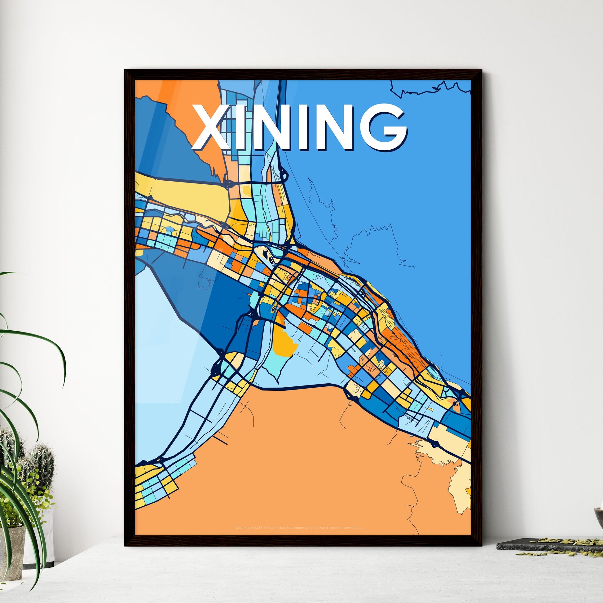 XINING CHINA Vibrant Colorful Art Map Poster Blue Orange