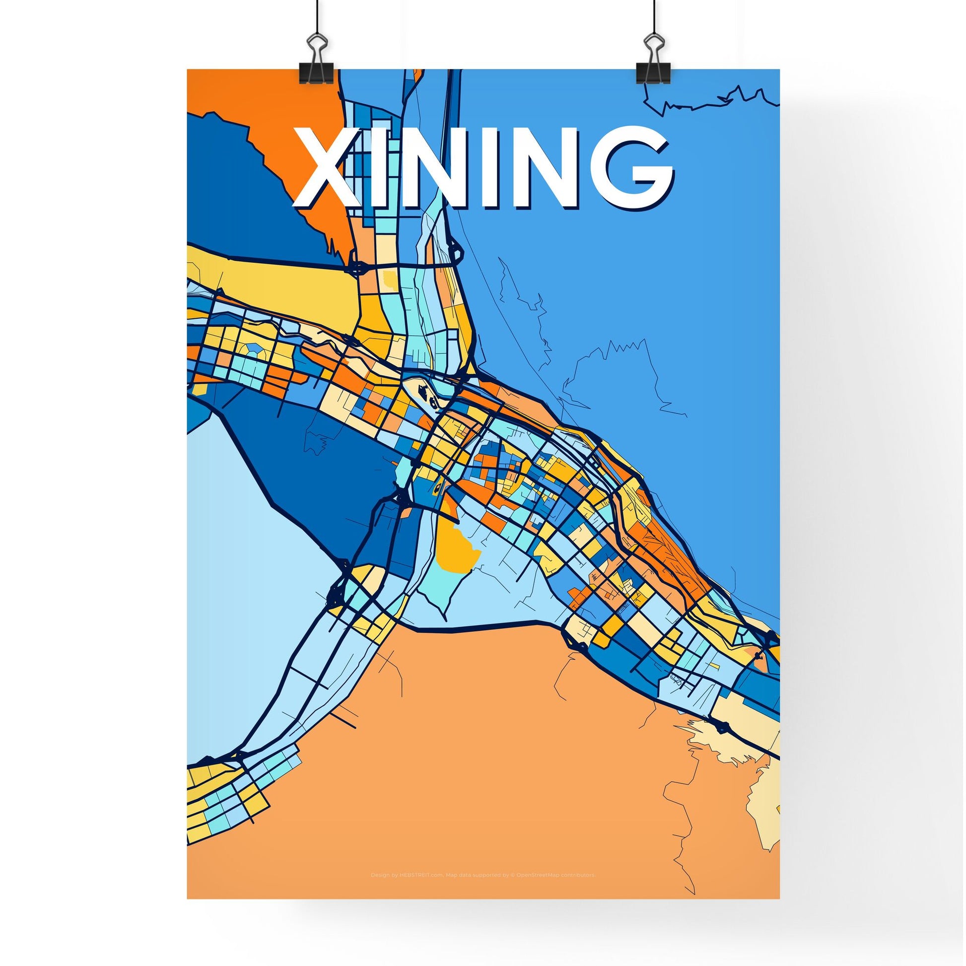 XINING CHINA Vibrant Colorful Art Map Poster Blue Orange