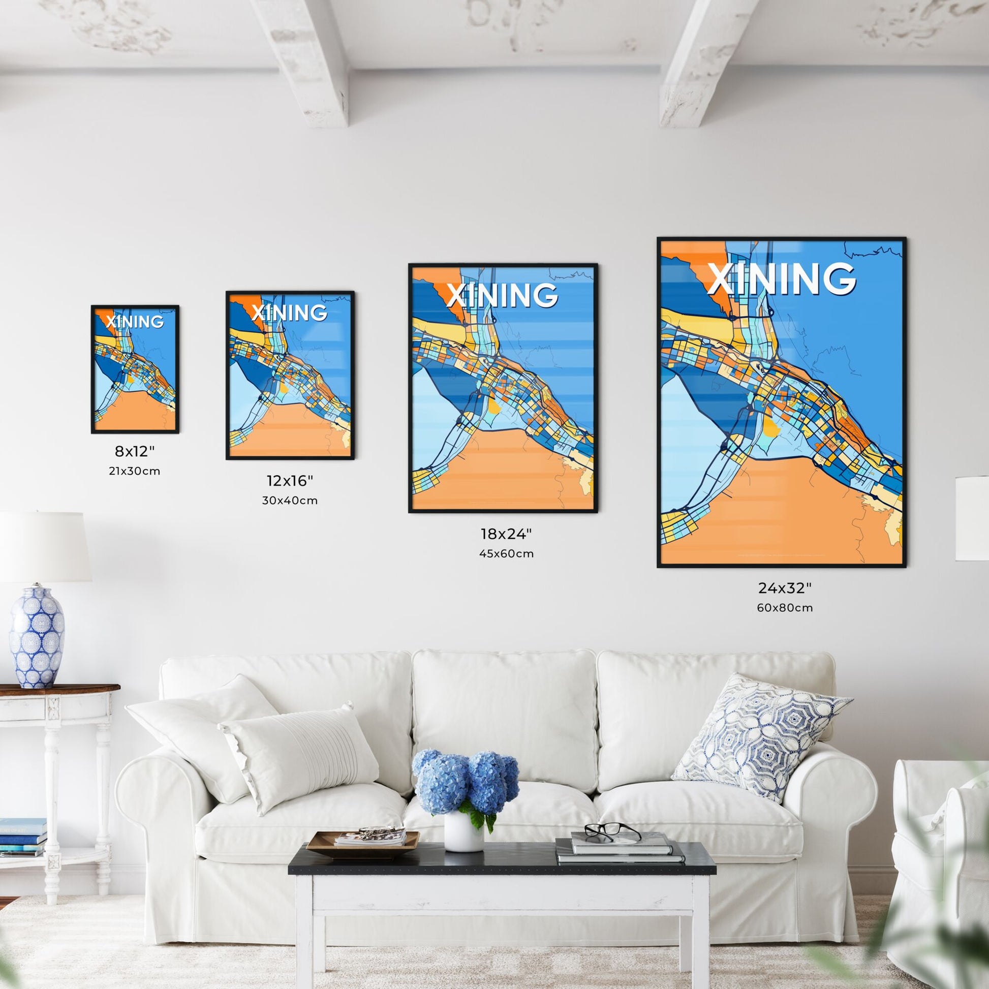 XINING CHINA Vibrant Colorful Art Map Poster Blue Orange