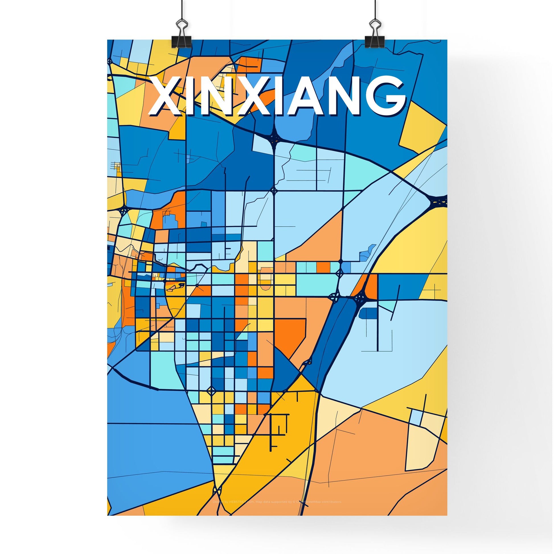 XINXIANG CHINA Vibrant Colorful Art Map Poster Blue Orange