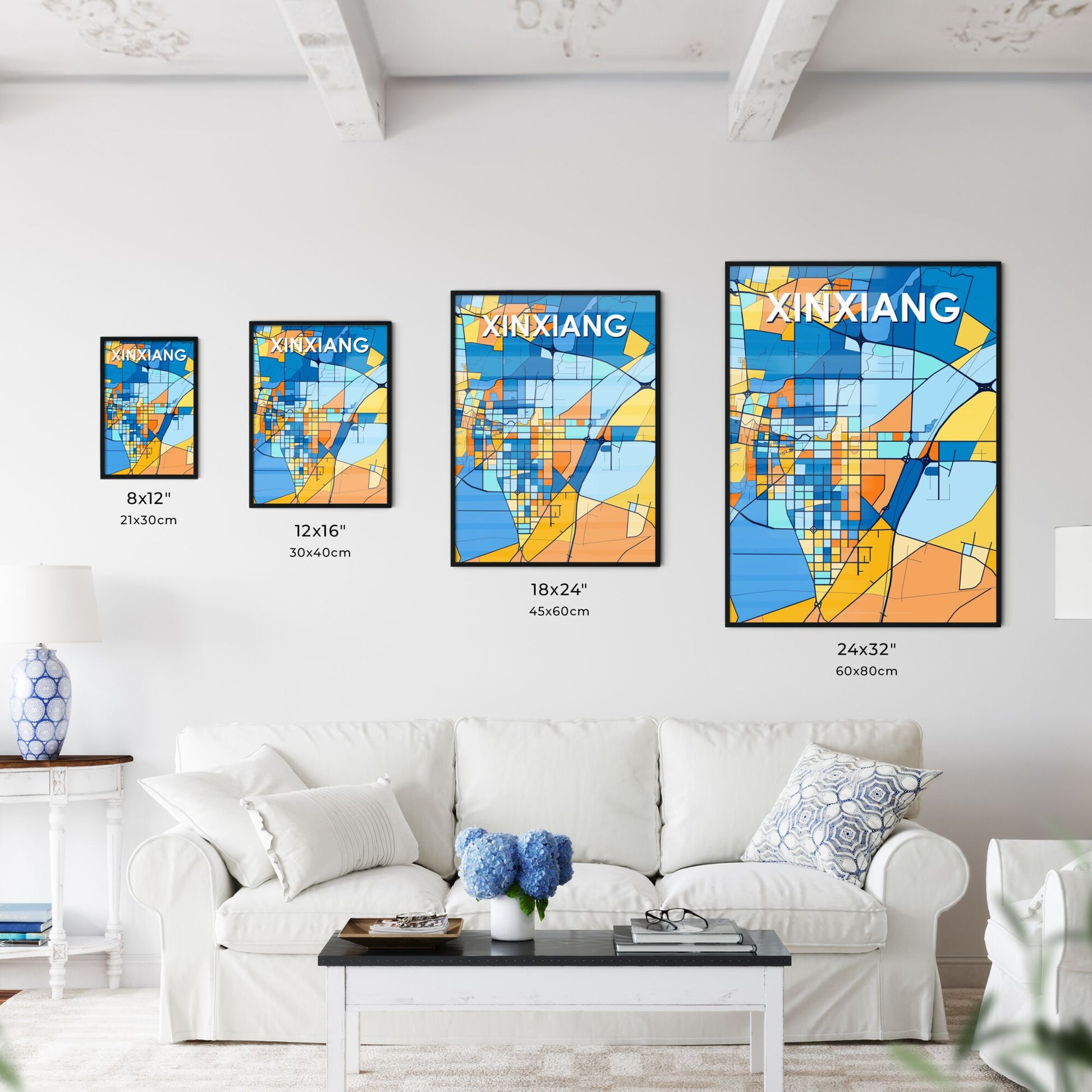 XINXIANG CHINA Vibrant Colorful Art Map Poster Blue Orange