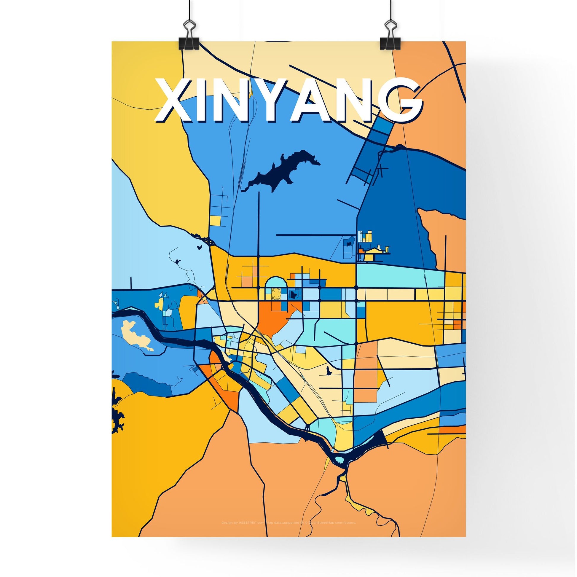 XINYANG CHINA Vibrant Colorful Art Map Poster Blue Orange