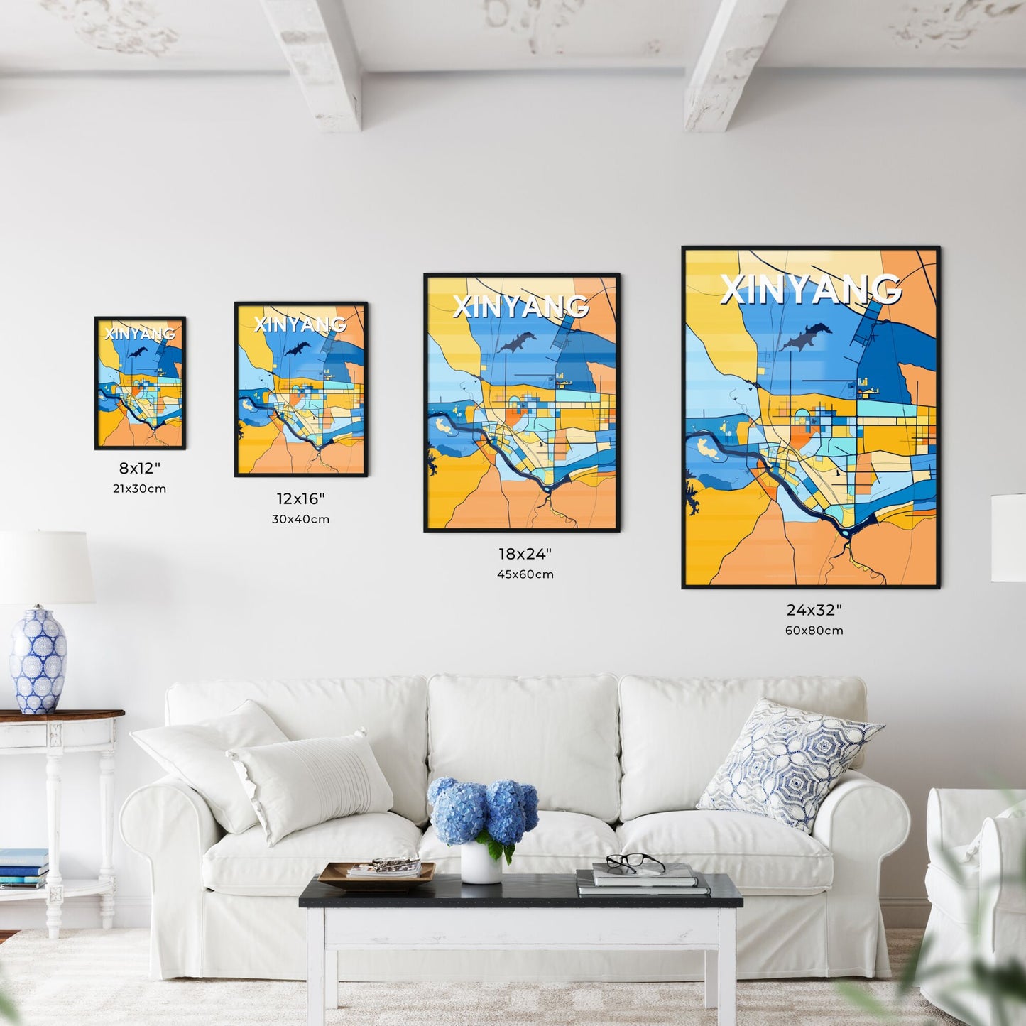 XINYANG CHINA Vibrant Colorful Art Map Poster Blue Orange