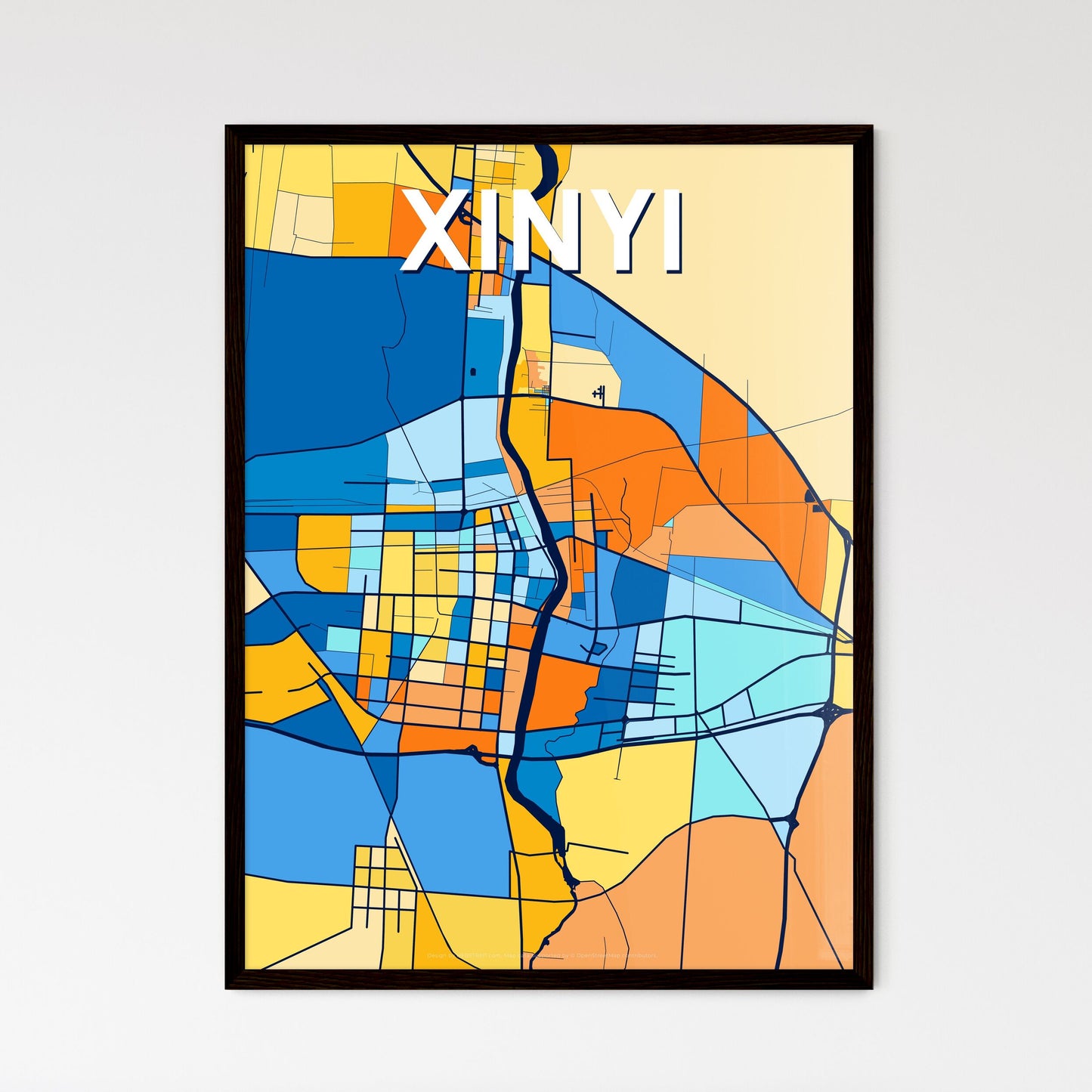 XINYI CHINA Vibrant Colorful Art Map Poster Blue Orange