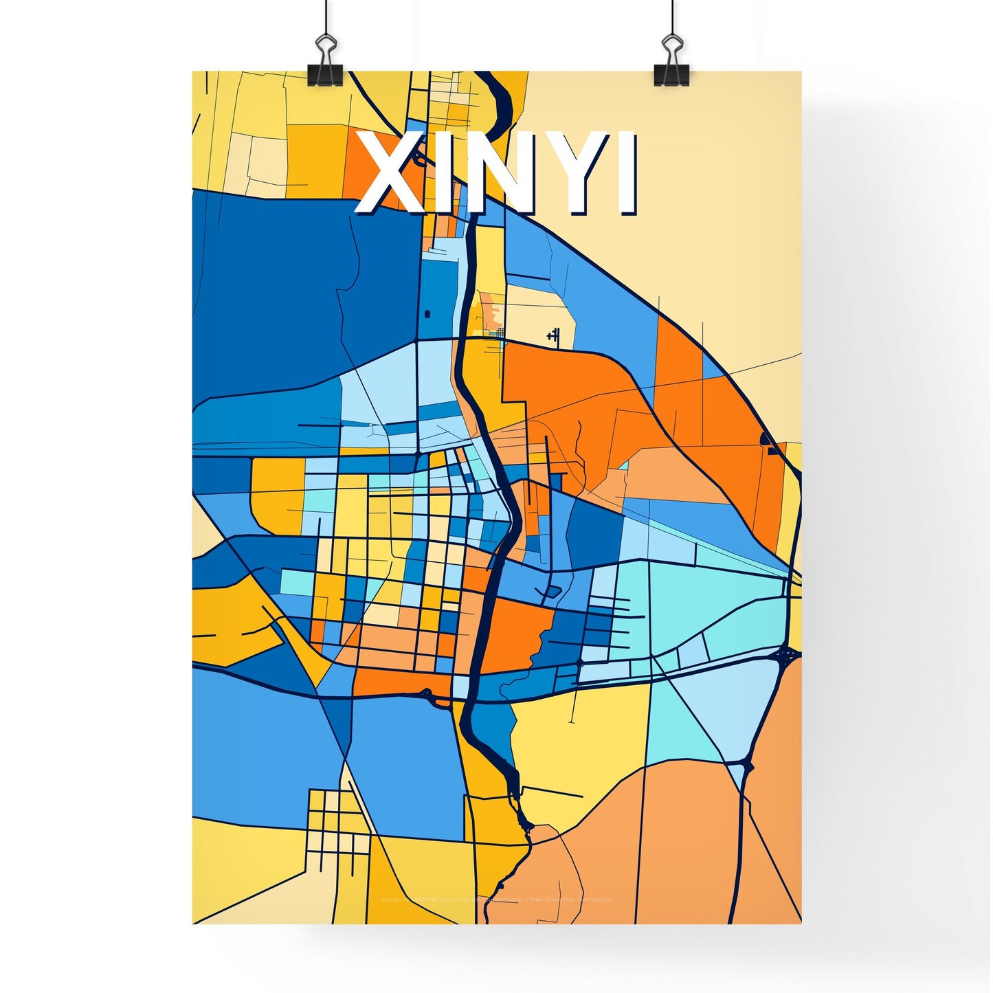 XINYI CHINA Vibrant Colorful Art Map Poster Blue Orange