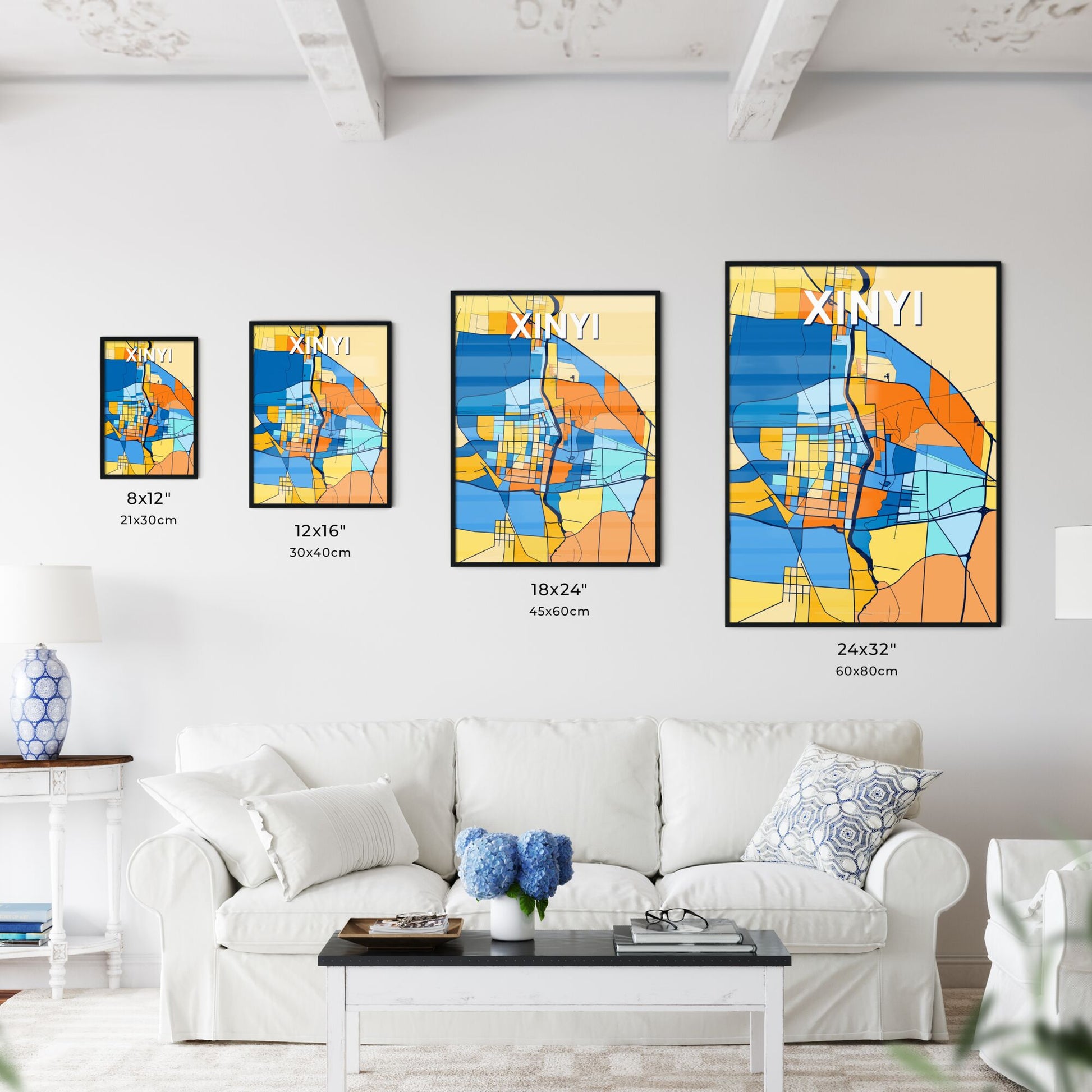 XINYI CHINA Vibrant Colorful Art Map Poster Blue Orange