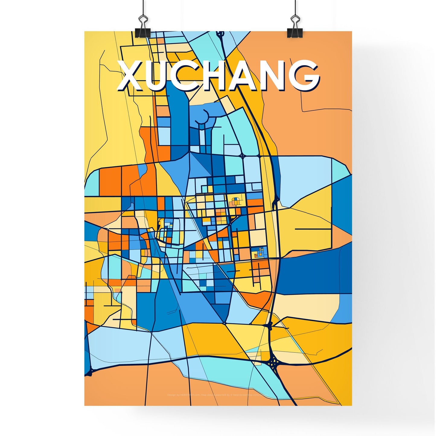 XUCHANG CHINA Vibrant Colorful Art Map Poster Blue Orange