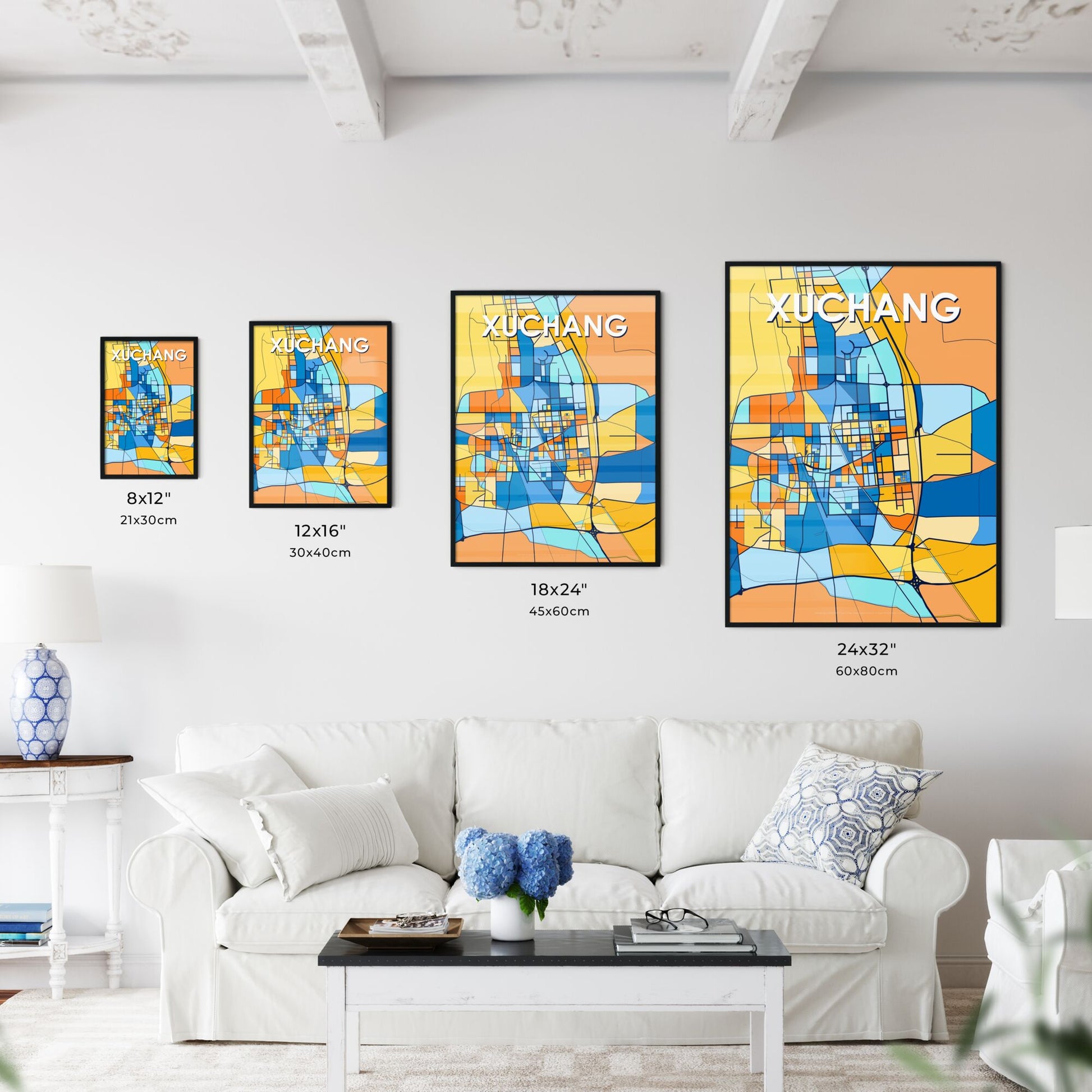 XUCHANG CHINA Vibrant Colorful Art Map Poster Blue Orange