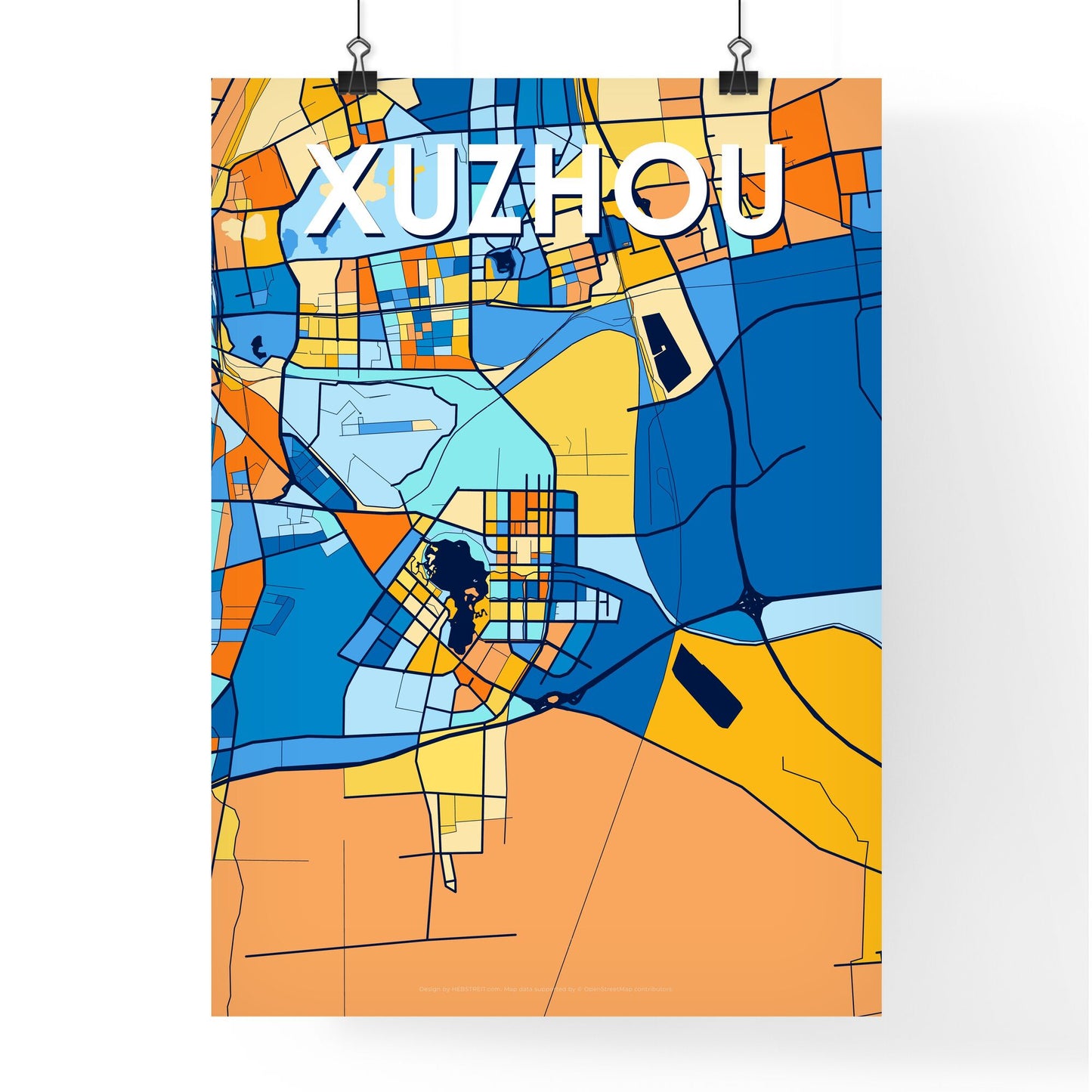 XUZHOU CHINA Vibrant Colorful Art Map Poster Blue Orange