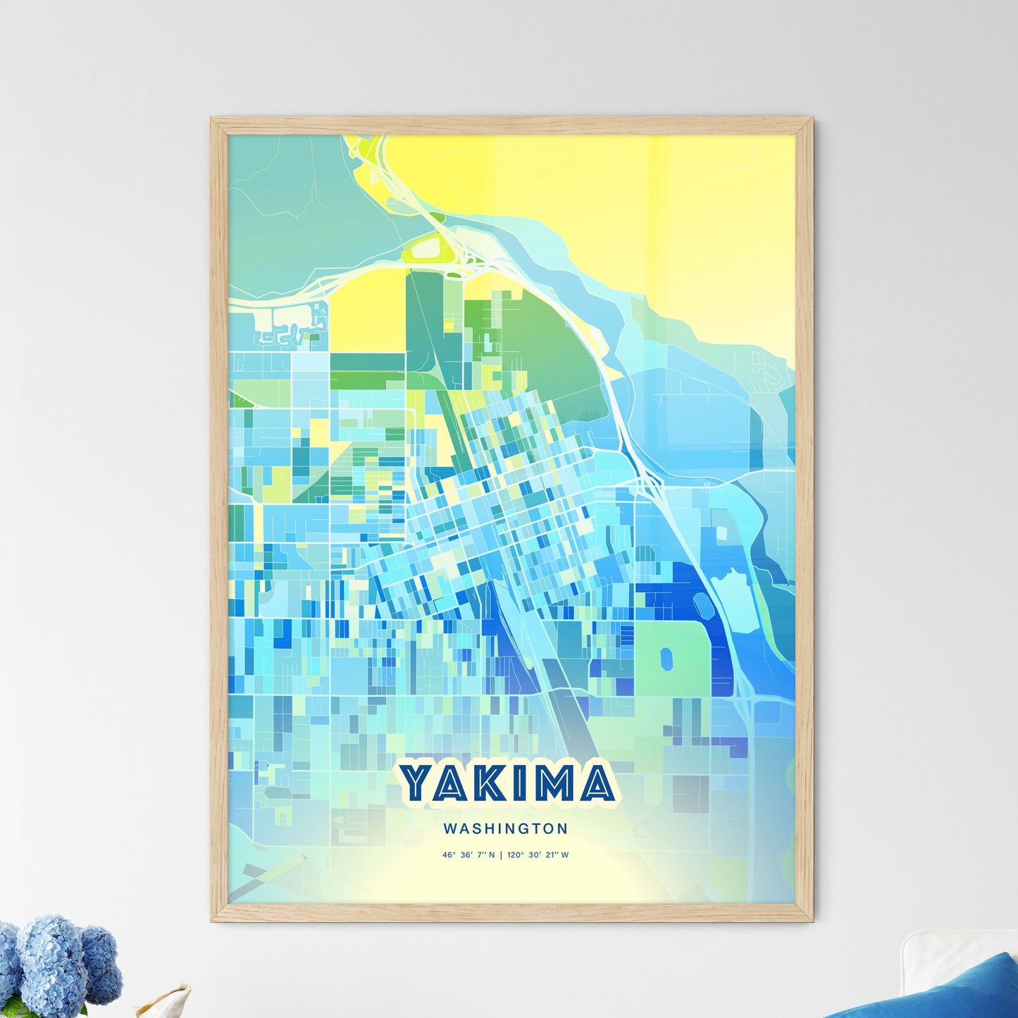 Colorful Yakima Washington Fine Art Map Cool Blue