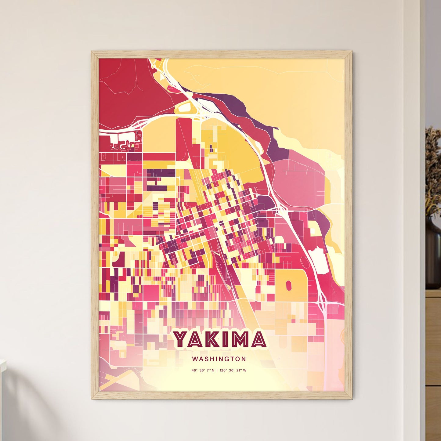 Colorful Yakima Washington Fine Art Map Hot Red