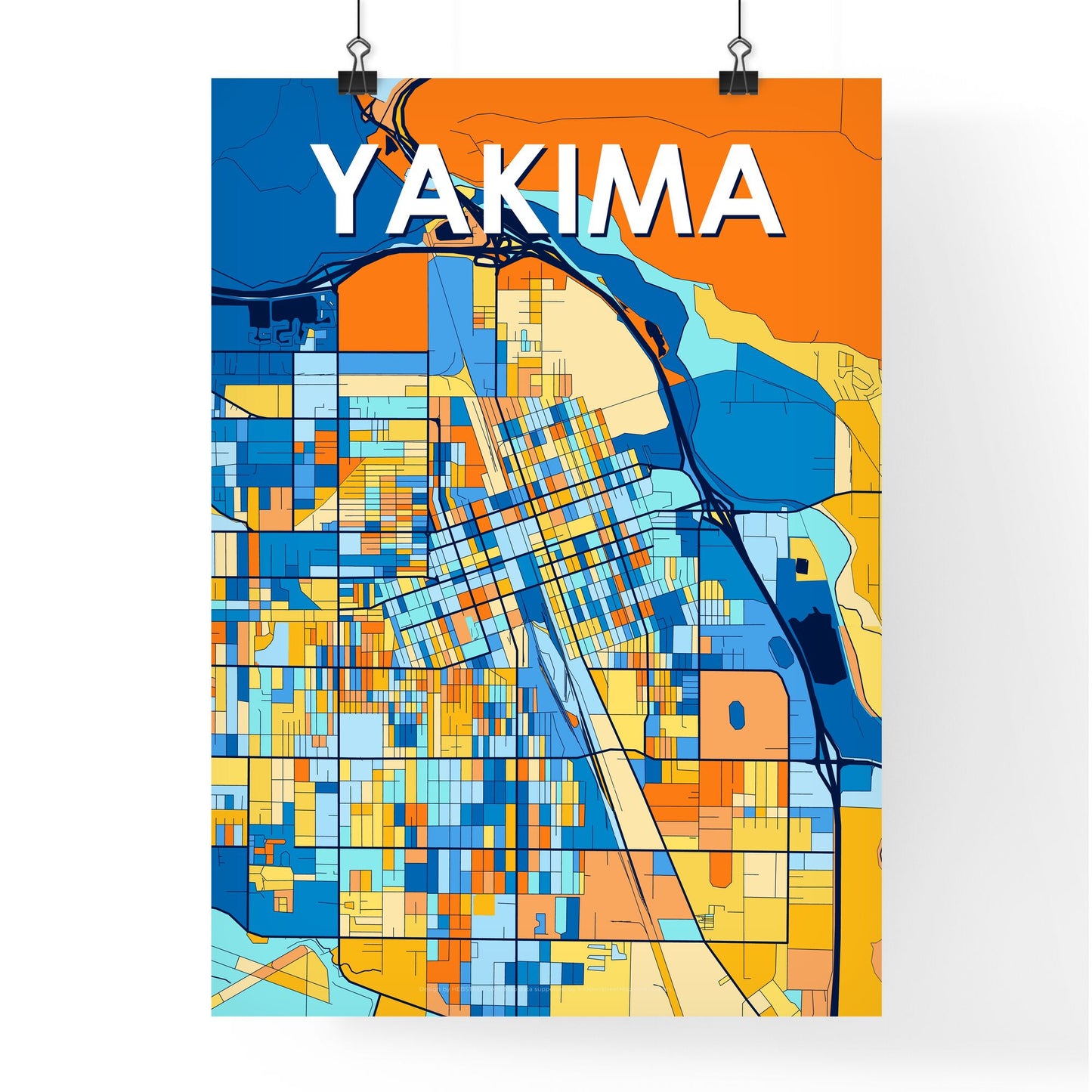 YAKIMA WASHINGTON Vibrant Colorful Art Map Poster Blue Orange