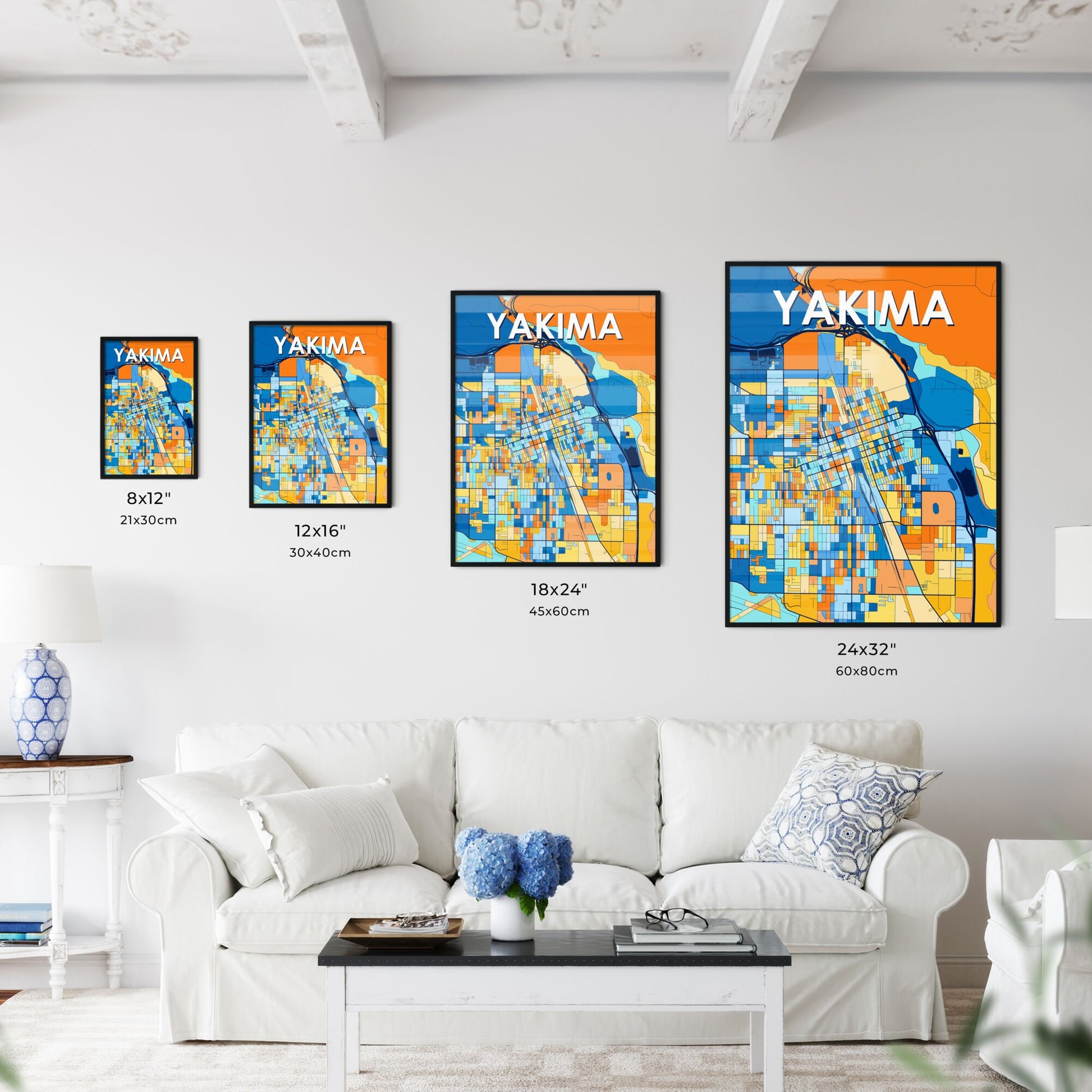 YAKIMA WASHINGTON Vibrant Colorful Art Map Poster Blue Orange