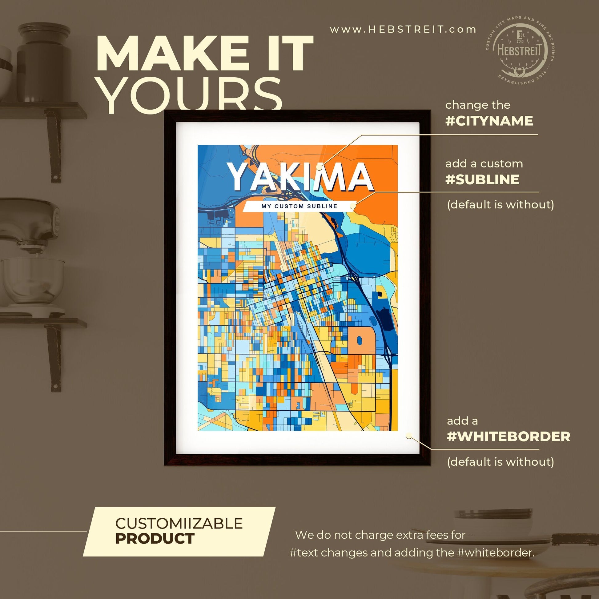 YAKIMA WASHINGTON Vibrant Colorful Art Map Poster Blue Orange