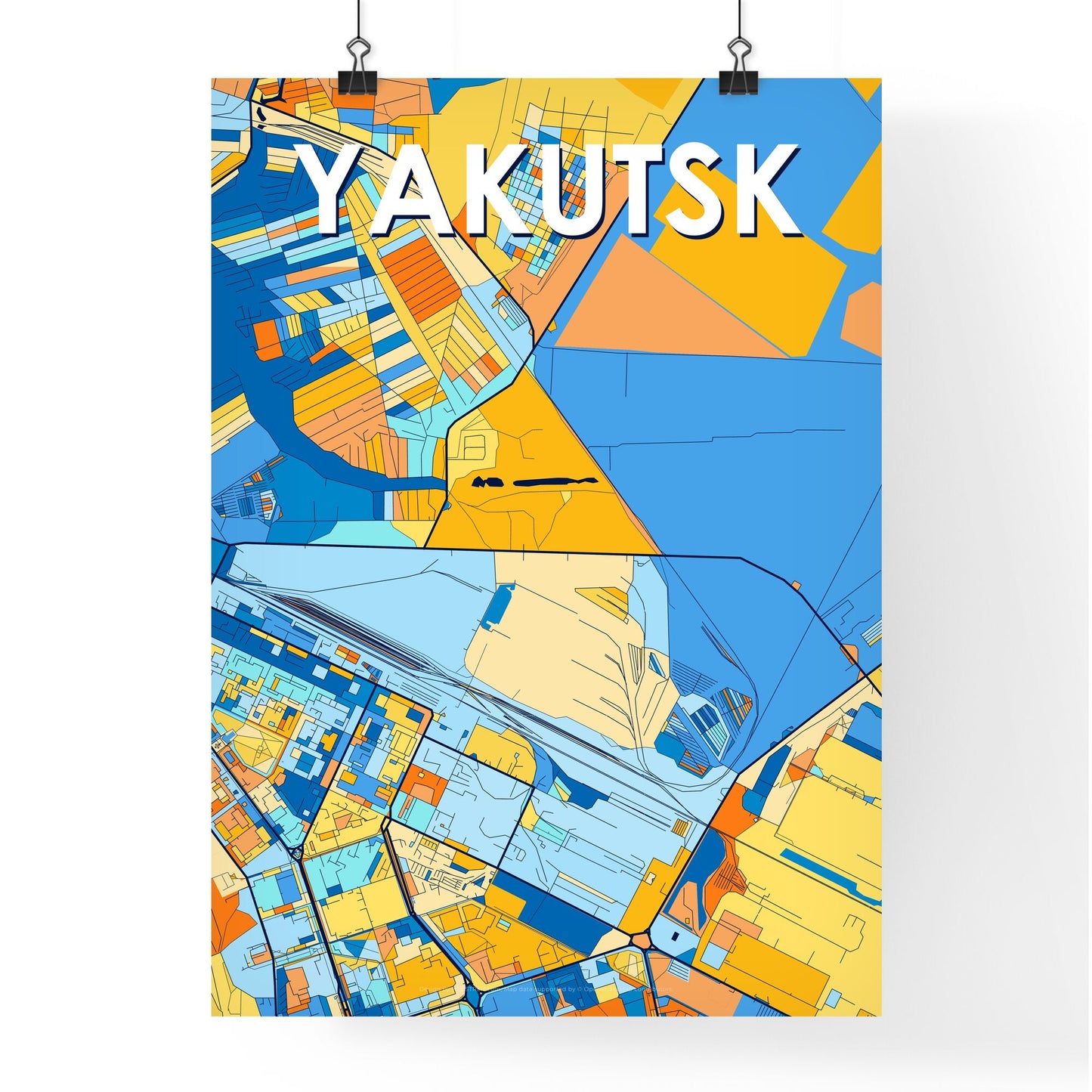 YAKUTSK RUSSIA Vibrant Colorful Art Map Poster Blue Orange