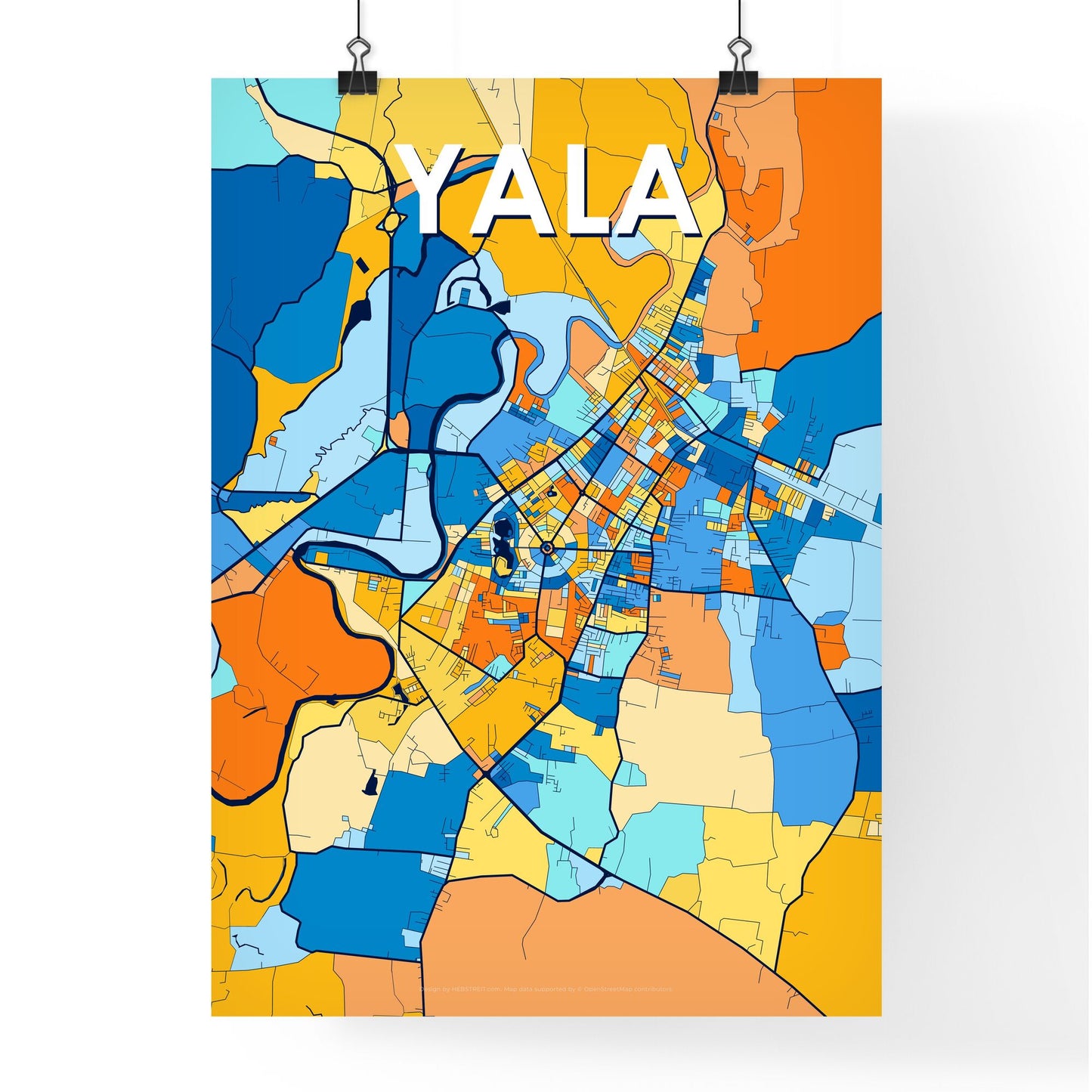 YALA THAILAND Vibrant Colorful Art Map Poster Blue Orange