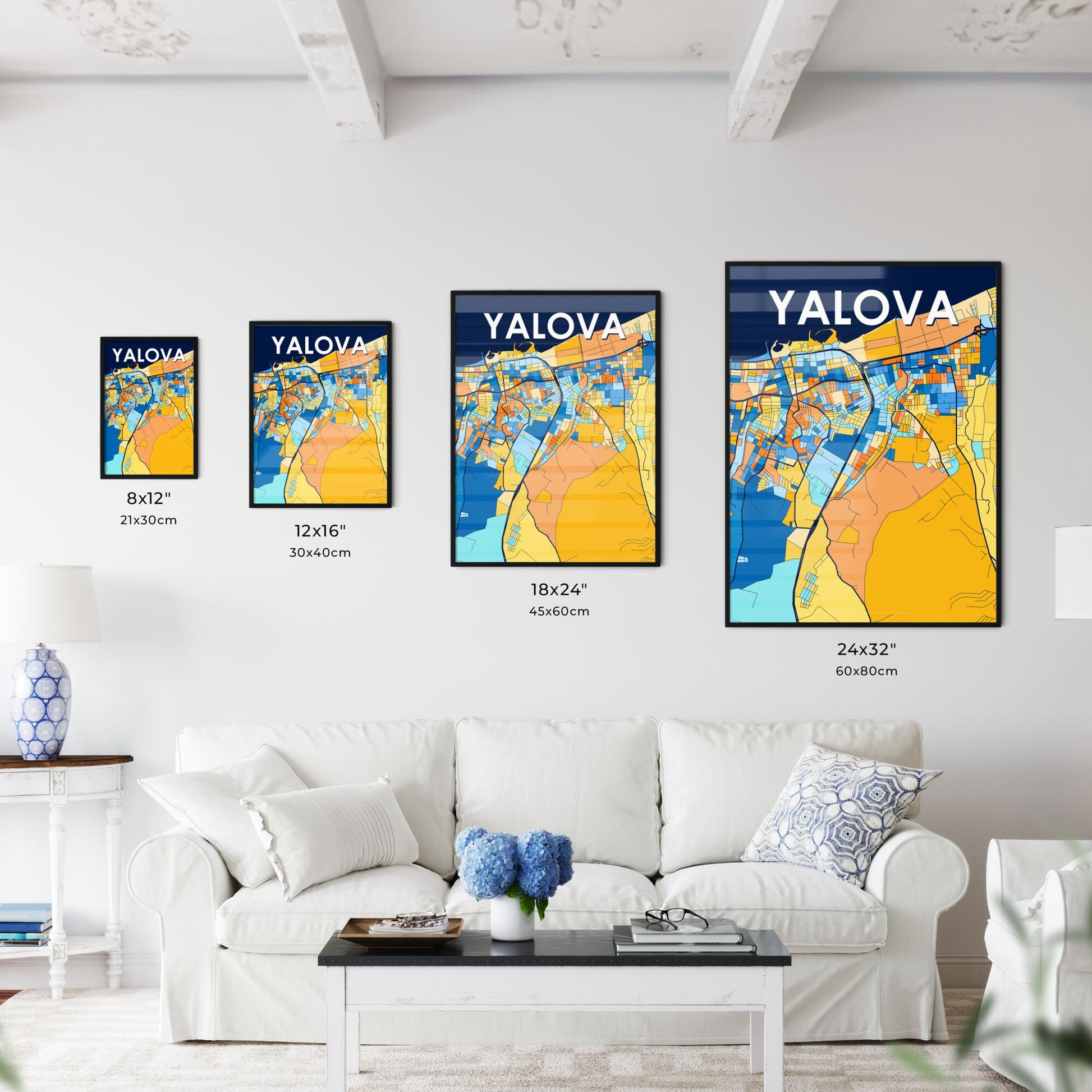 YALOVA TURKEY Vibrant Colorful Art Map Poster Blue Orange