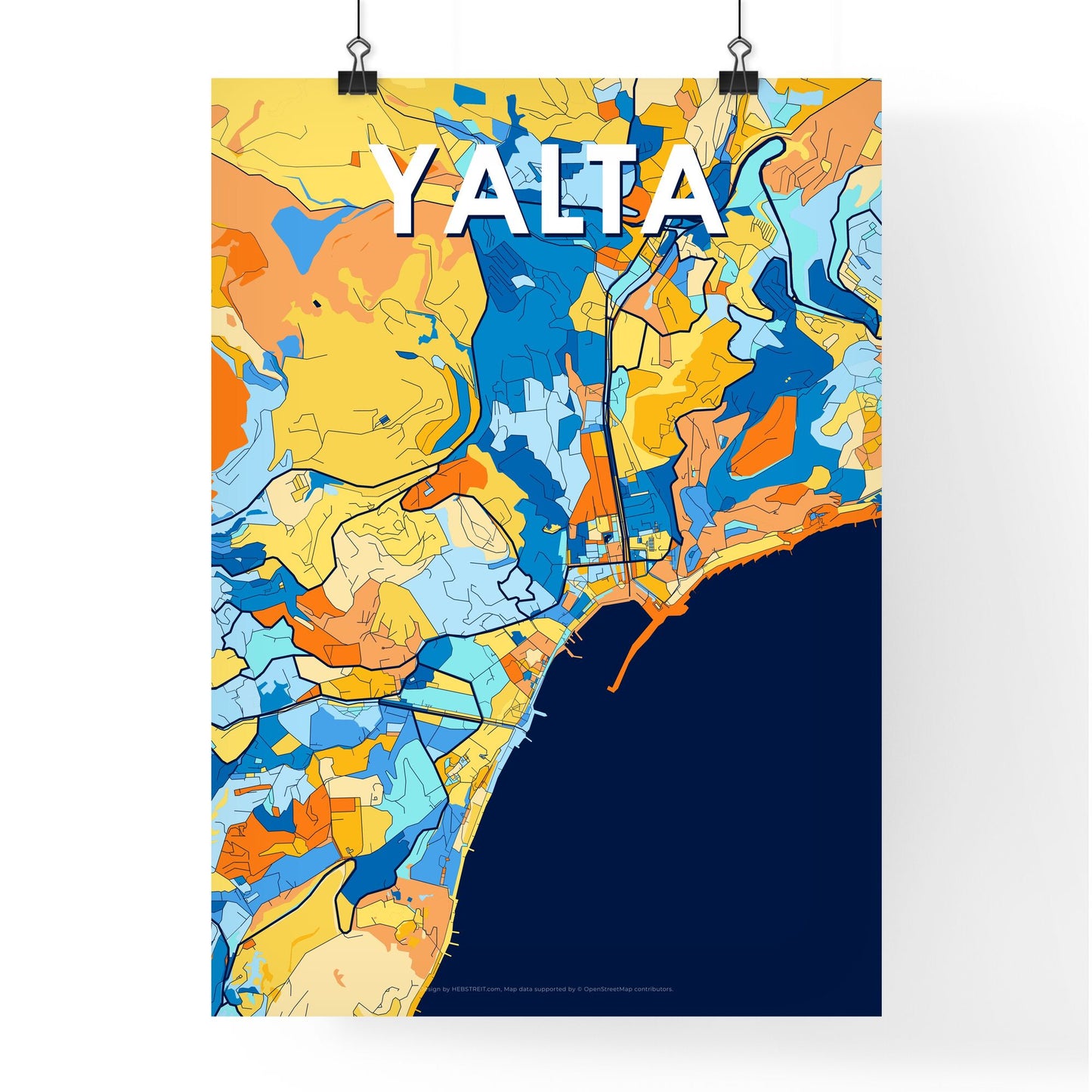 YALTA UKRAINE Vibrant Colorful Art Map Poster Blue Orange