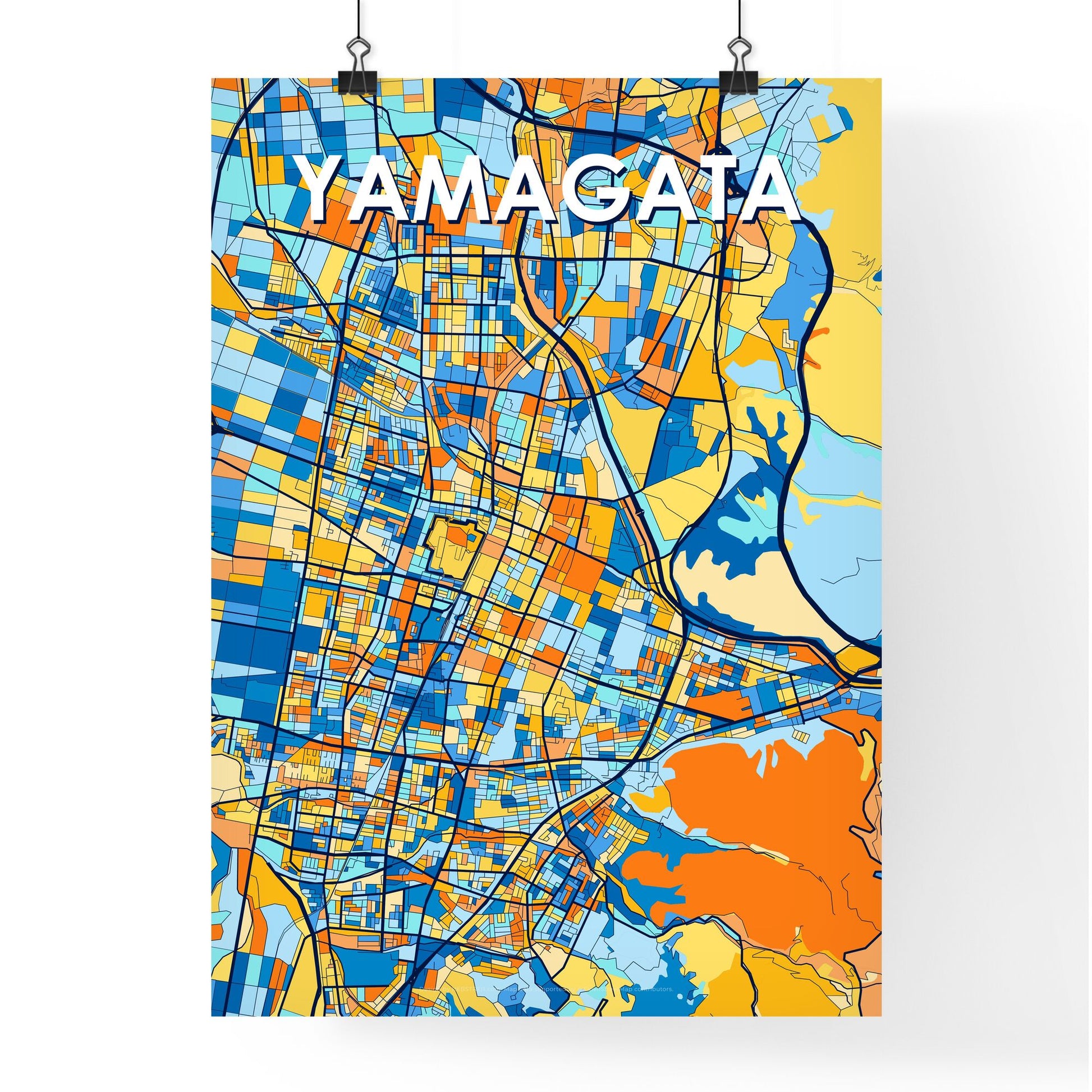 YAMAGATA JAPAN Vibrant Colorful Art Map Poster Blue Orange