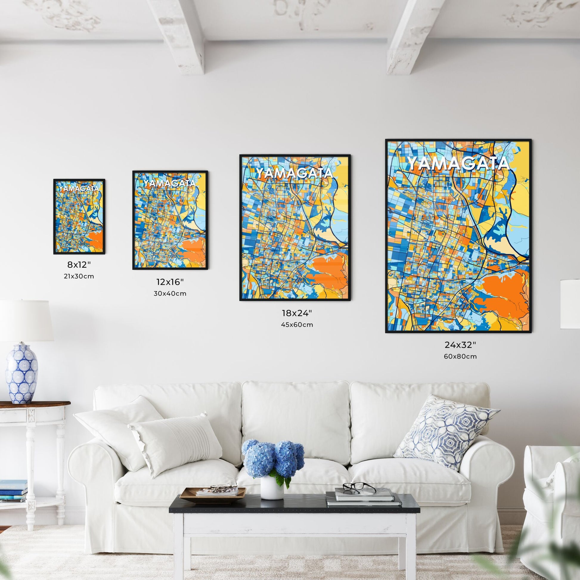 YAMAGATA JAPAN Vibrant Colorful Art Map Poster Blue Orange