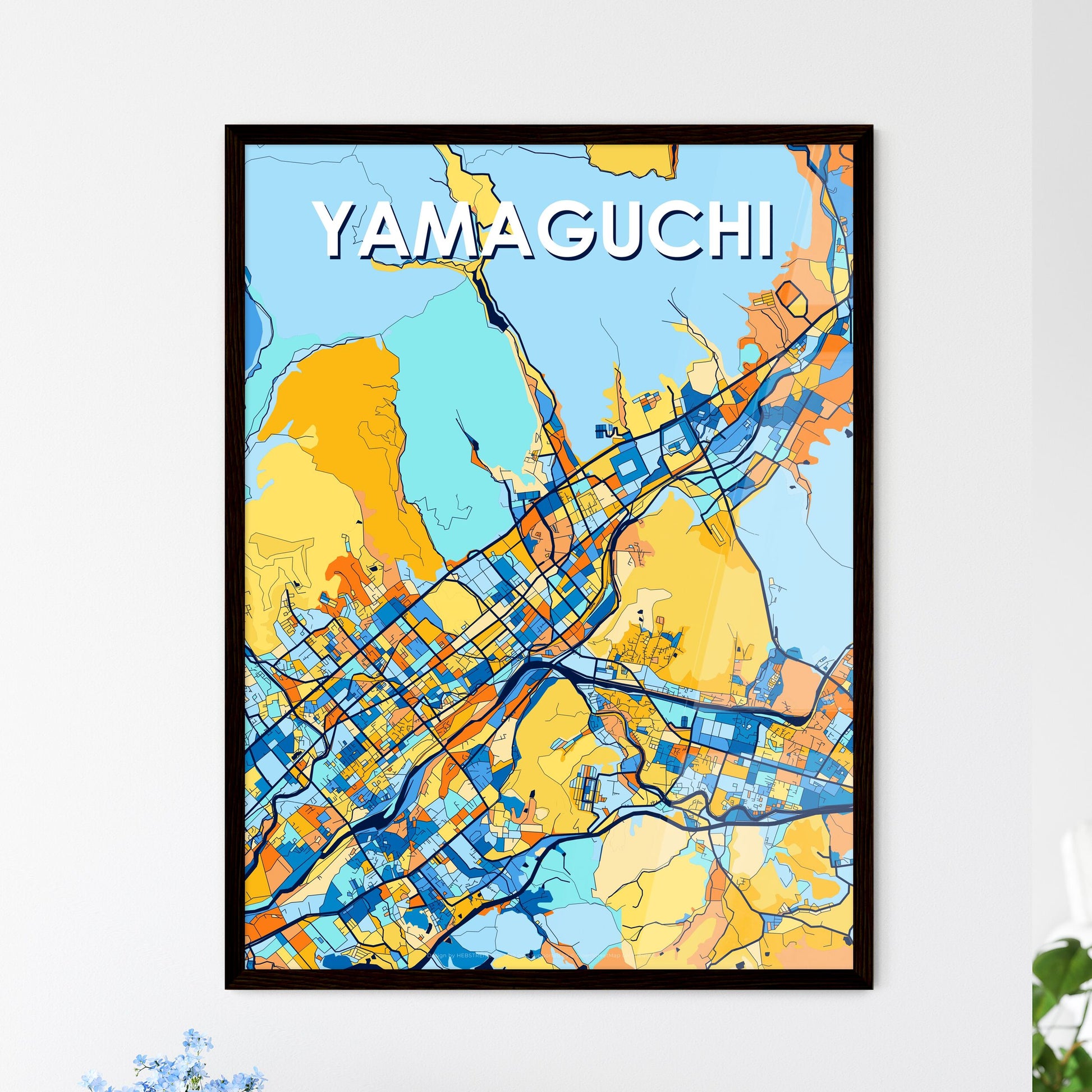 YAMAGUCHI JAPAN Vibrant Colorful Art Map Poster Blue Orange