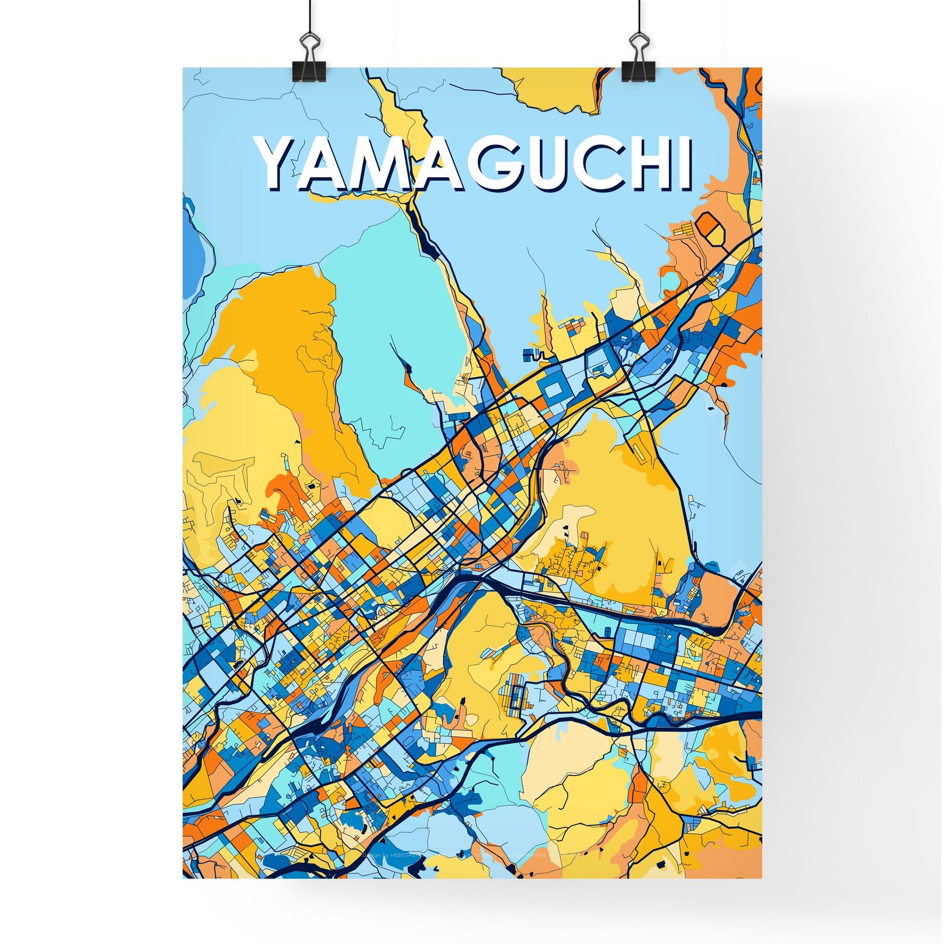 YAMAGUCHI JAPAN Vibrant Colorful Art Map Poster Blue Orange