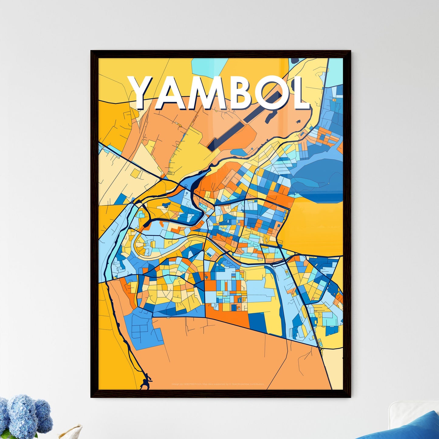 YAMBOL BULGARIA Vibrant Colorful Art Map Poster Blue Orange