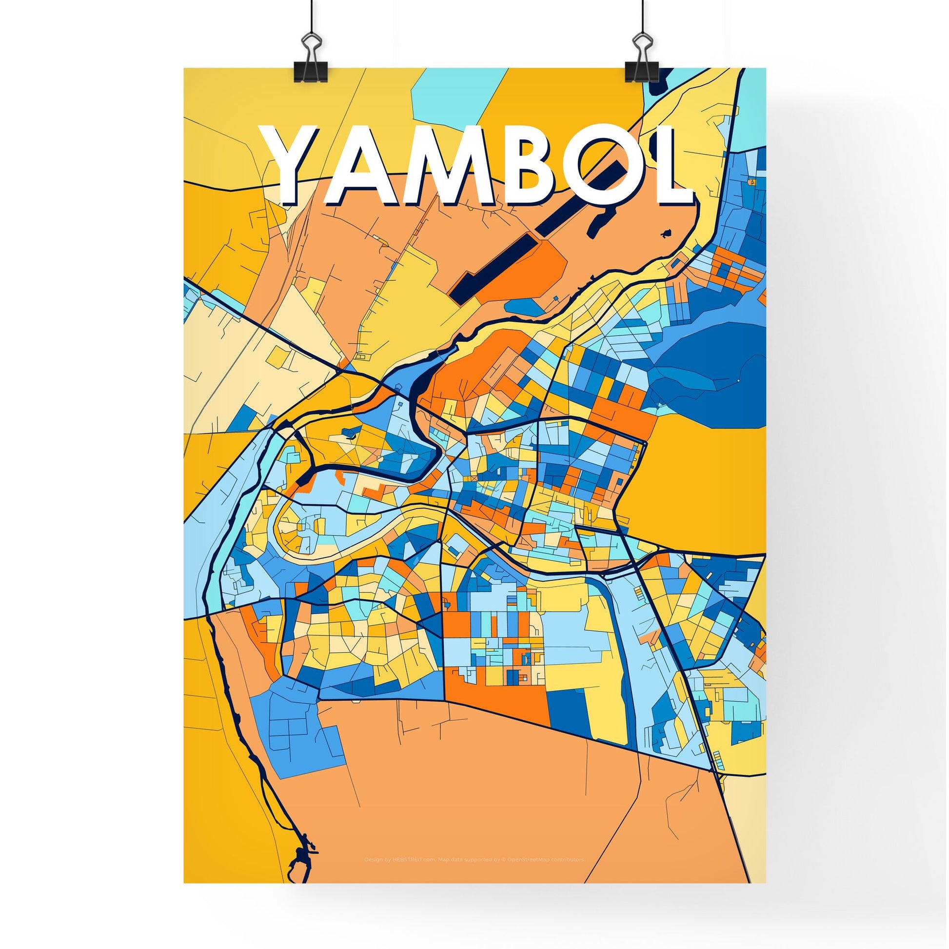 YAMBOL BULGARIA Vibrant Colorful Art Map Poster Blue Orange