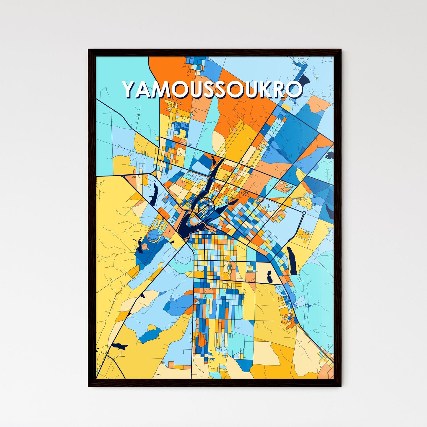 YAMOUSSOUKRO IVORY COAST Vibrant Colorful Art Map Poster Blue Orange