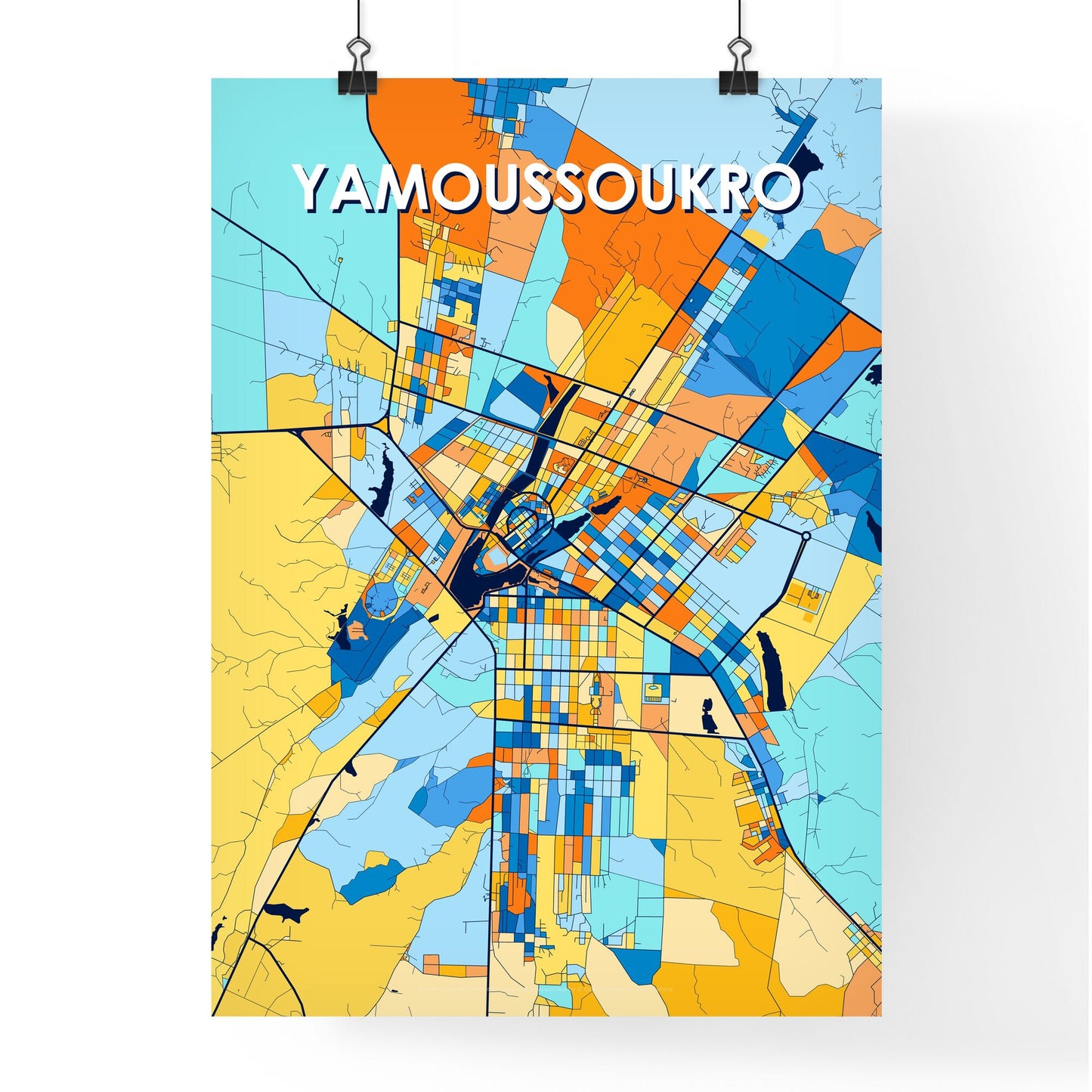 YAMOUSSOUKRO IVORY COAST Vibrant Colorful Art Map Poster Blue Orange