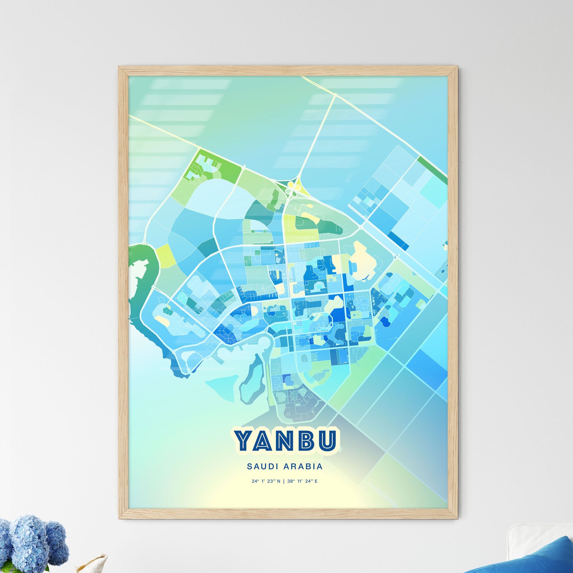 Colorful Yanbu Saudi Arabia Fine Art Map Cool Blue
