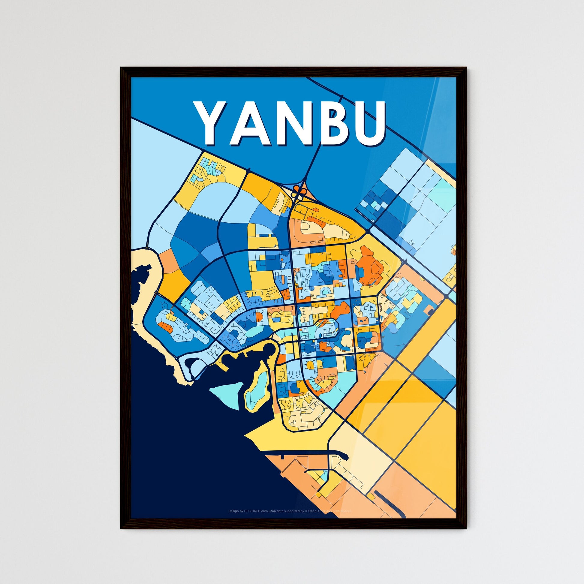 YANBU SAUDI ARABIA Vibrant Colorful Art Map Poster Blue Orange