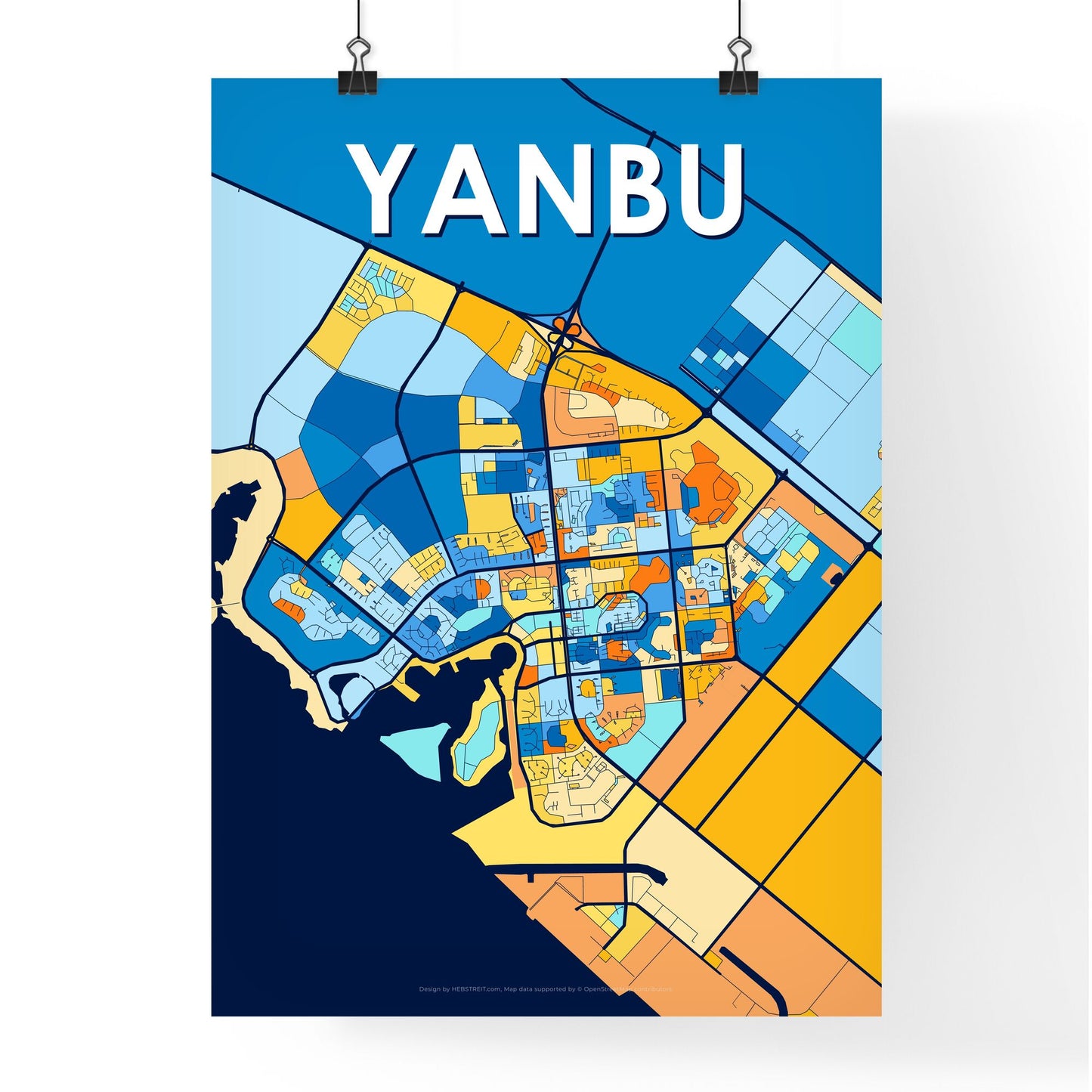 YANBU SAUDI ARABIA Vibrant Colorful Art Map Poster Blue Orange