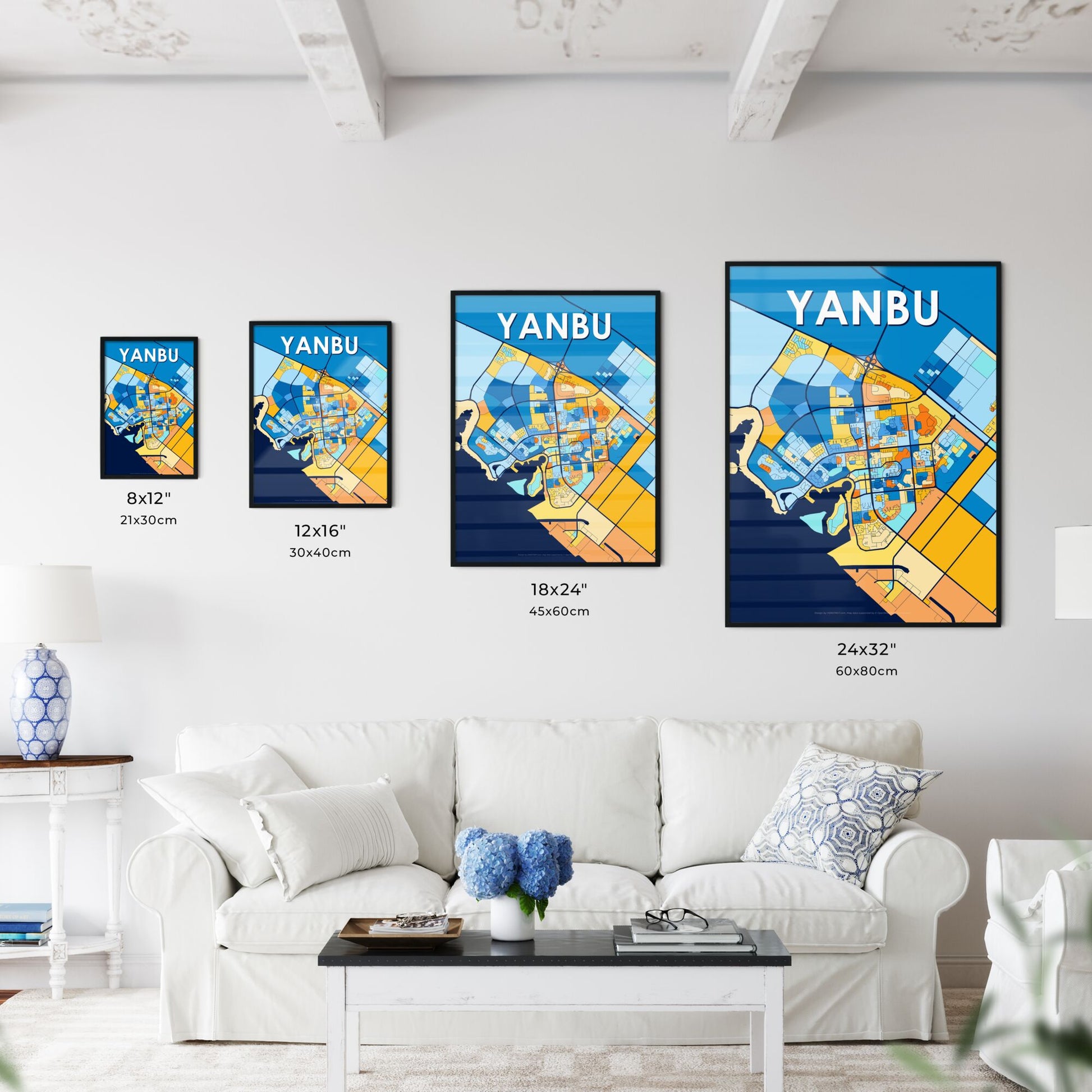 YANBU SAUDI ARABIA Vibrant Colorful Art Map Poster Blue Orange