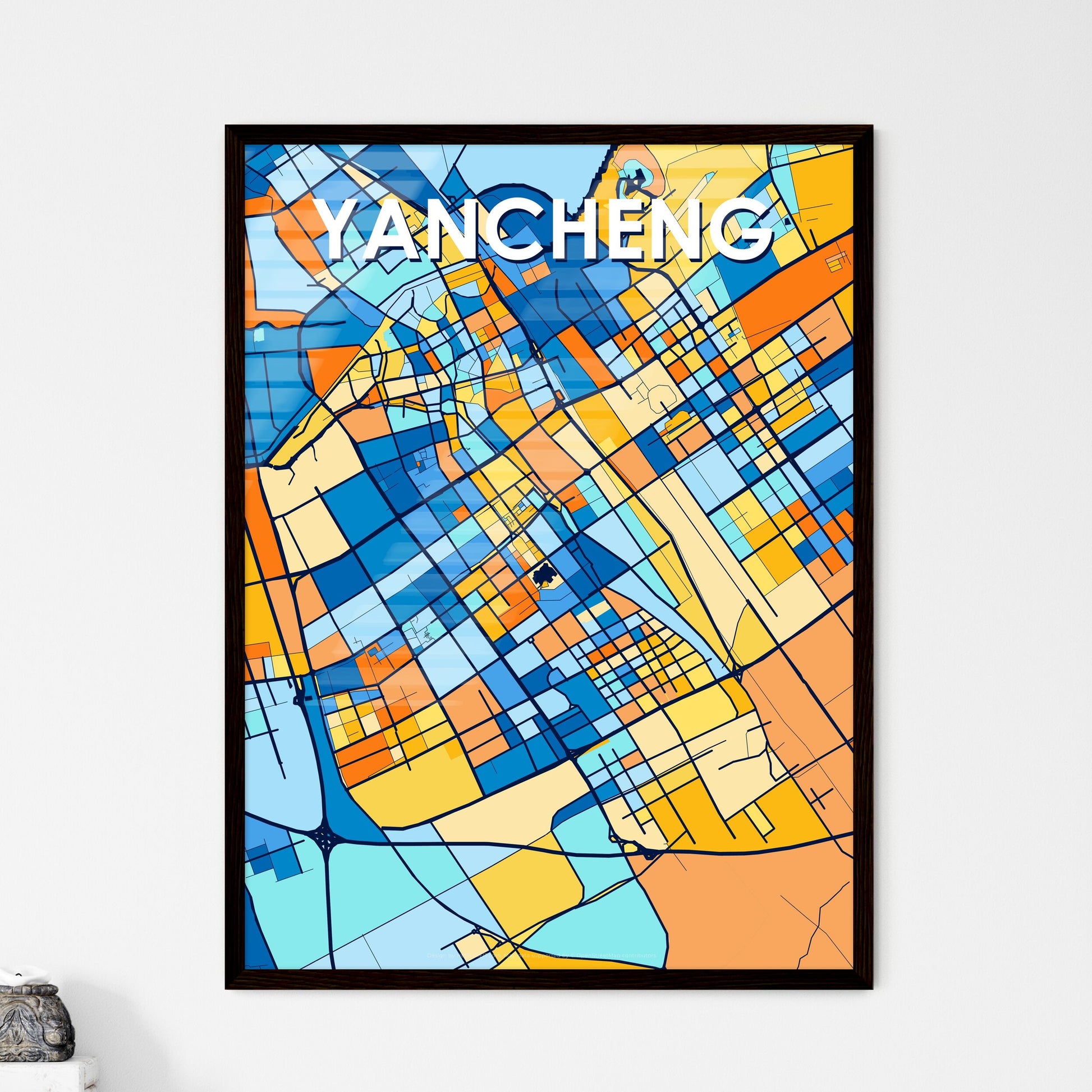 YANCHENG CHINA Vibrant Colorful Art Map Poster Blue Orange