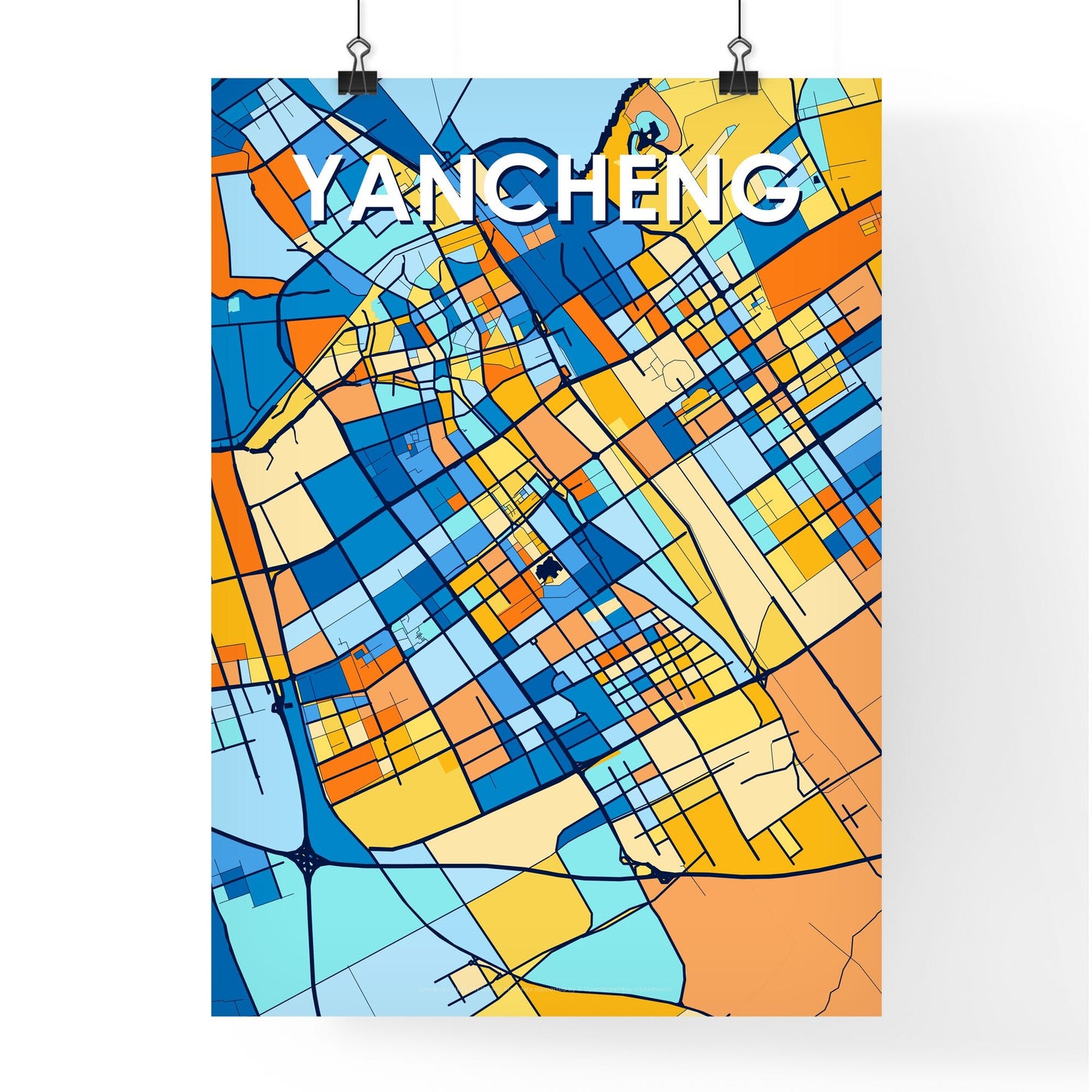 YANCHENG CHINA Vibrant Colorful Art Map Poster Blue Orange