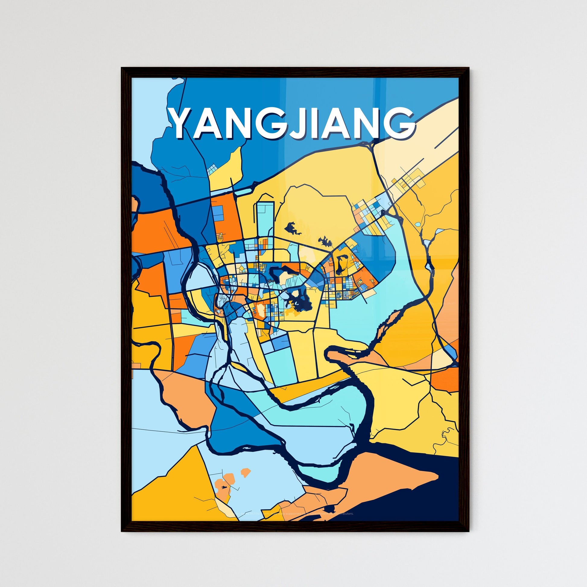 YANGJIANG CHINA Vibrant Colorful Art Map Poster Blue Orange