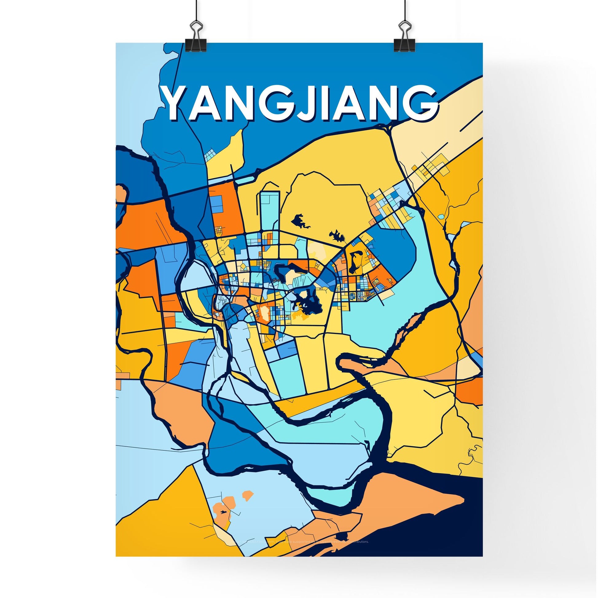 YANGJIANG CHINA Vibrant Colorful Art Map Poster Blue Orange