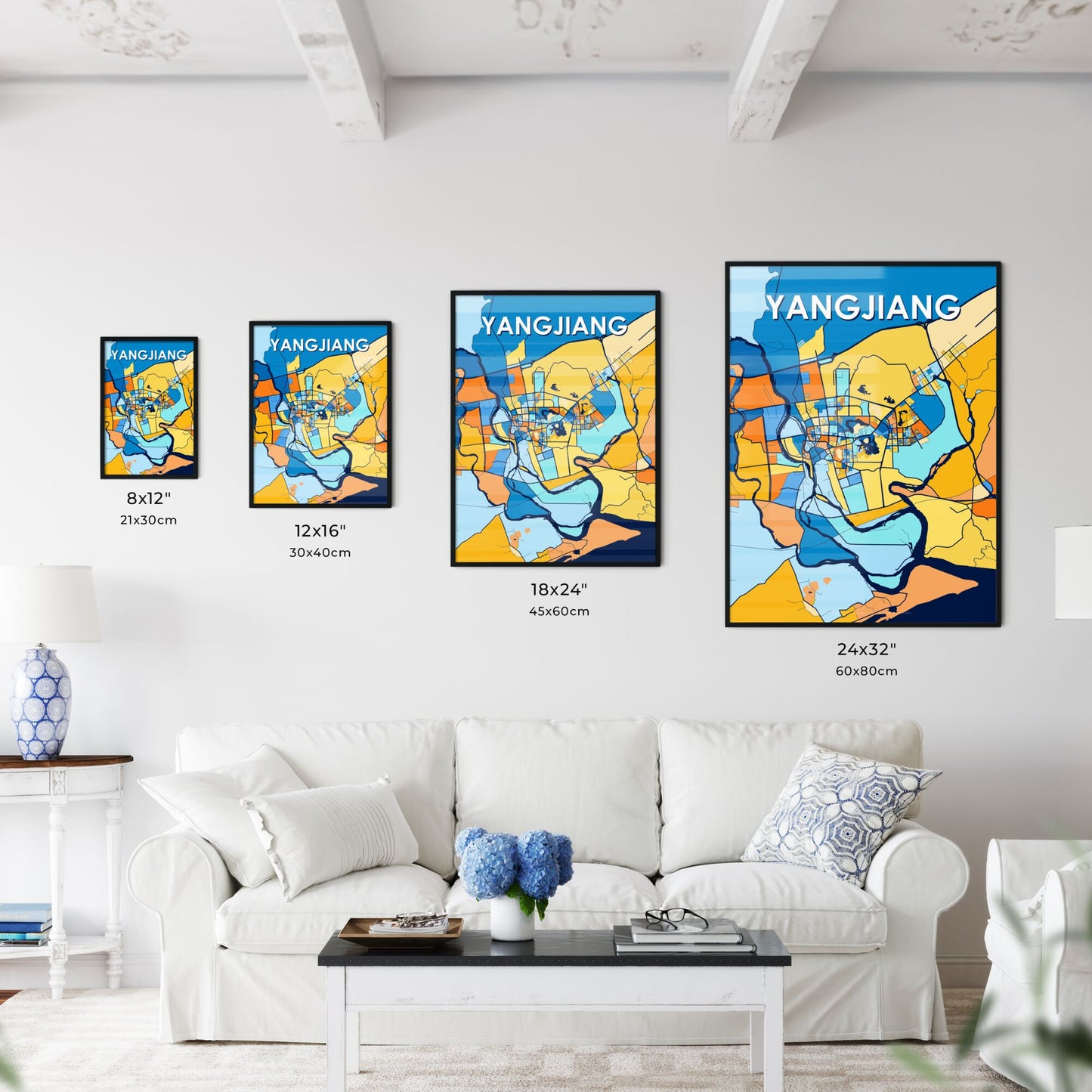 YANGJIANG CHINA Vibrant Colorful Art Map Poster Blue Orange