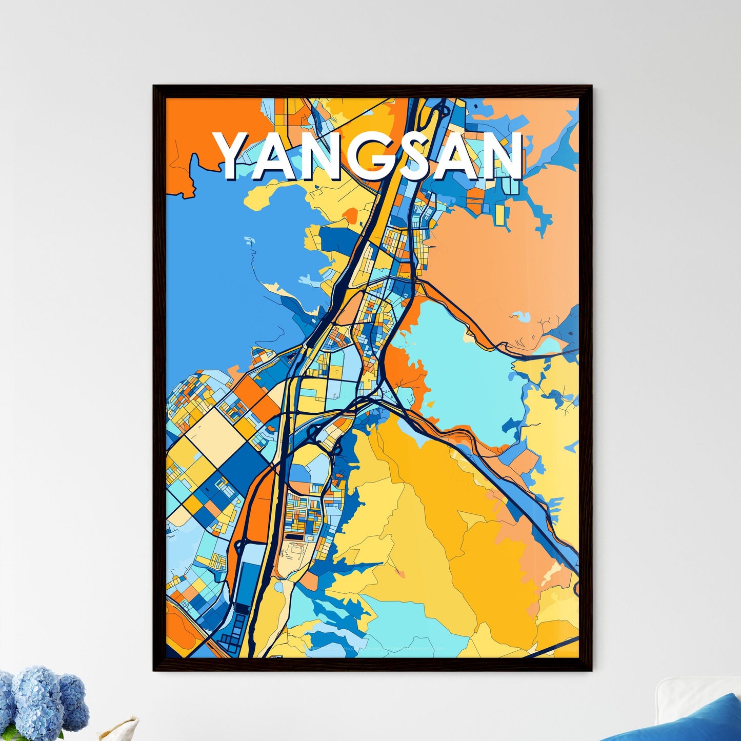 YANGSAN SOUTH KOREA Vibrant Colorful Art Map Poster Blue Orange