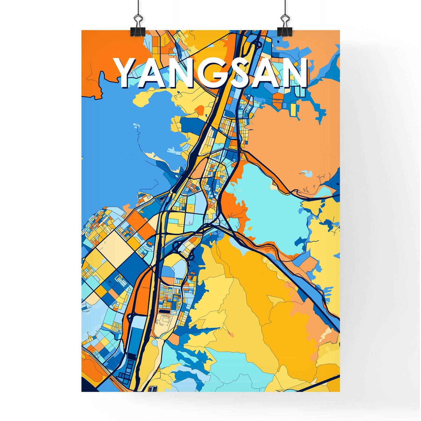 YANGSAN SOUTH KOREA Vibrant Colorful Art Map Poster Blue Orange