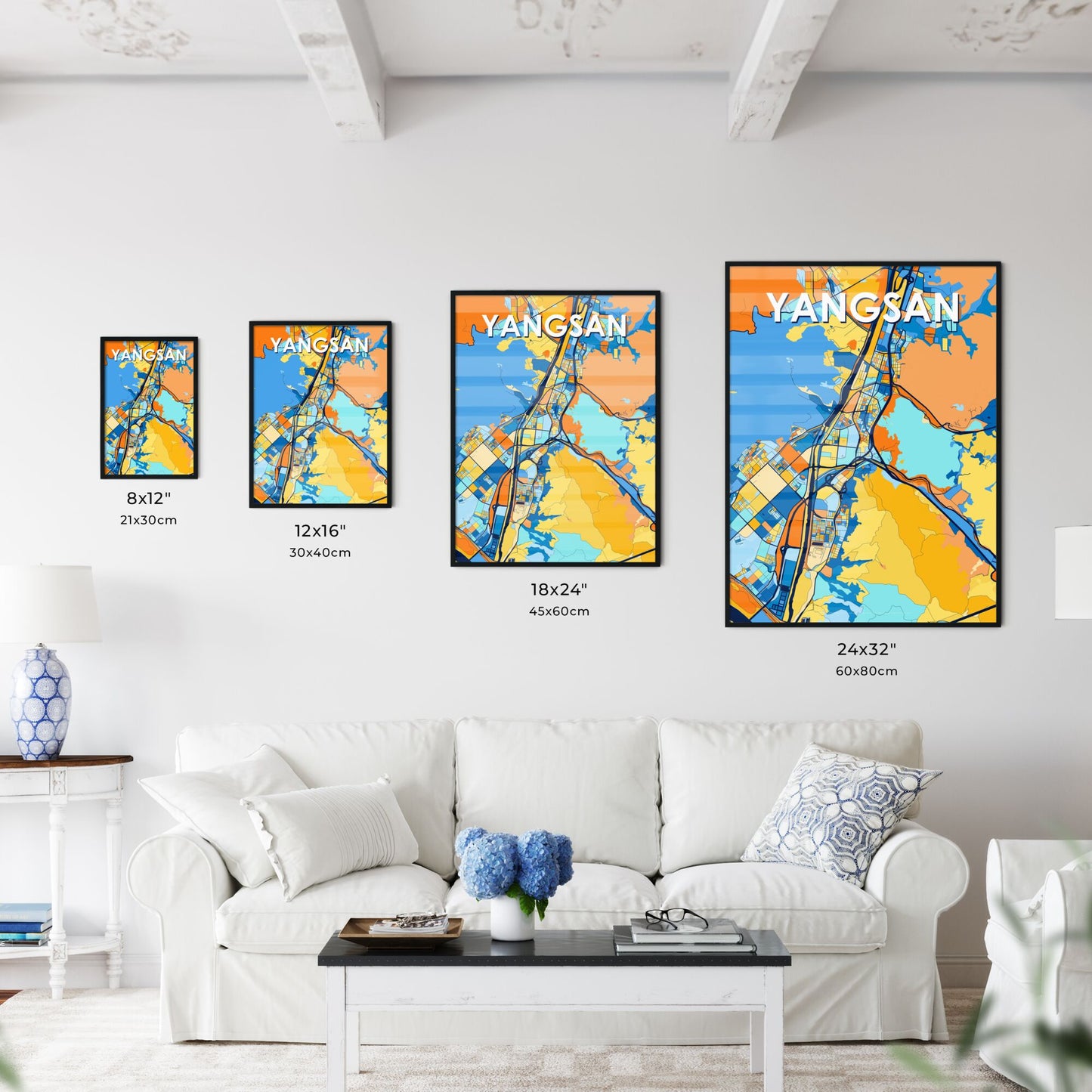 YANGSAN SOUTH KOREA Vibrant Colorful Art Map Poster Blue Orange