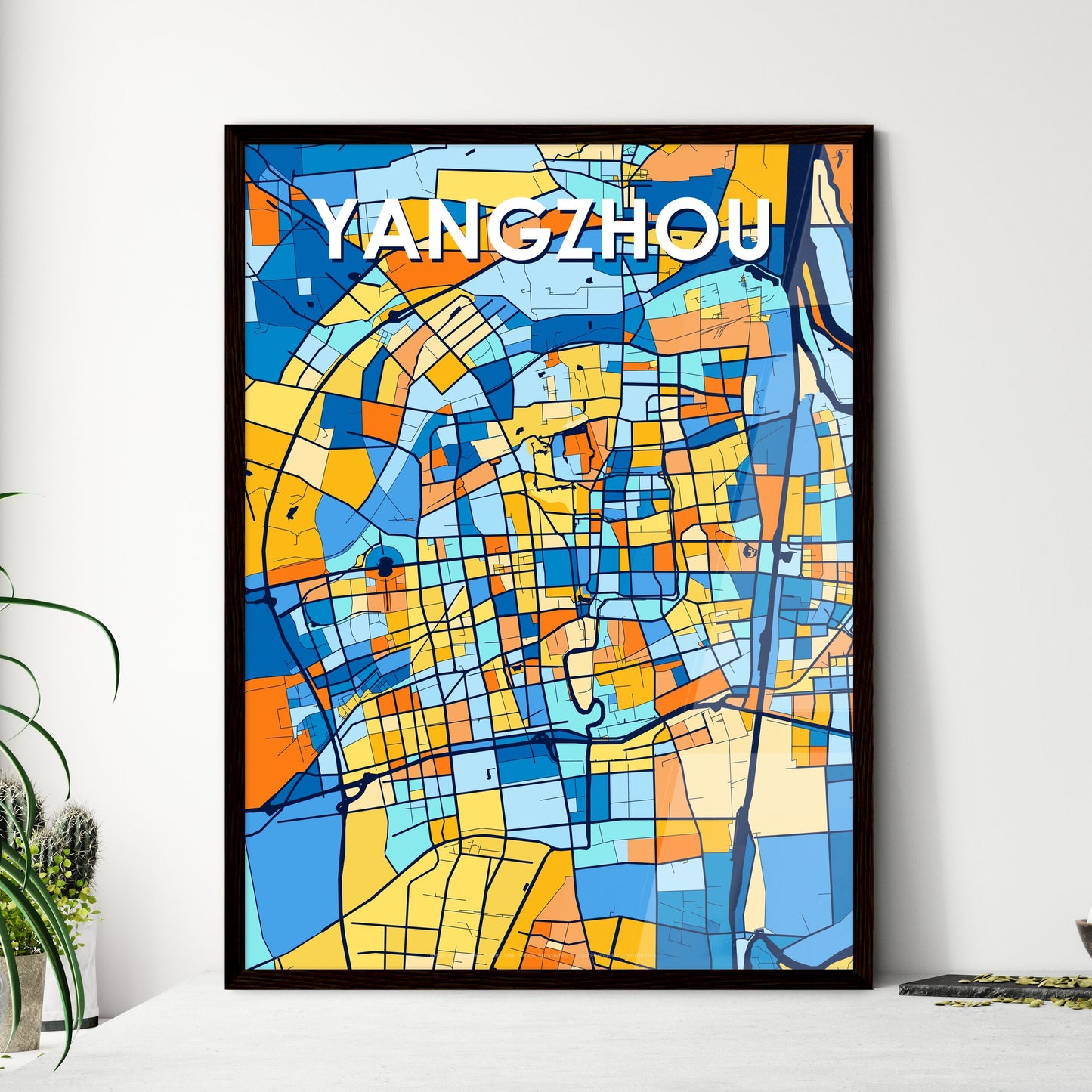 YANGZHOU CHINA Vibrant Colorful Art Map Poster Blue Orange